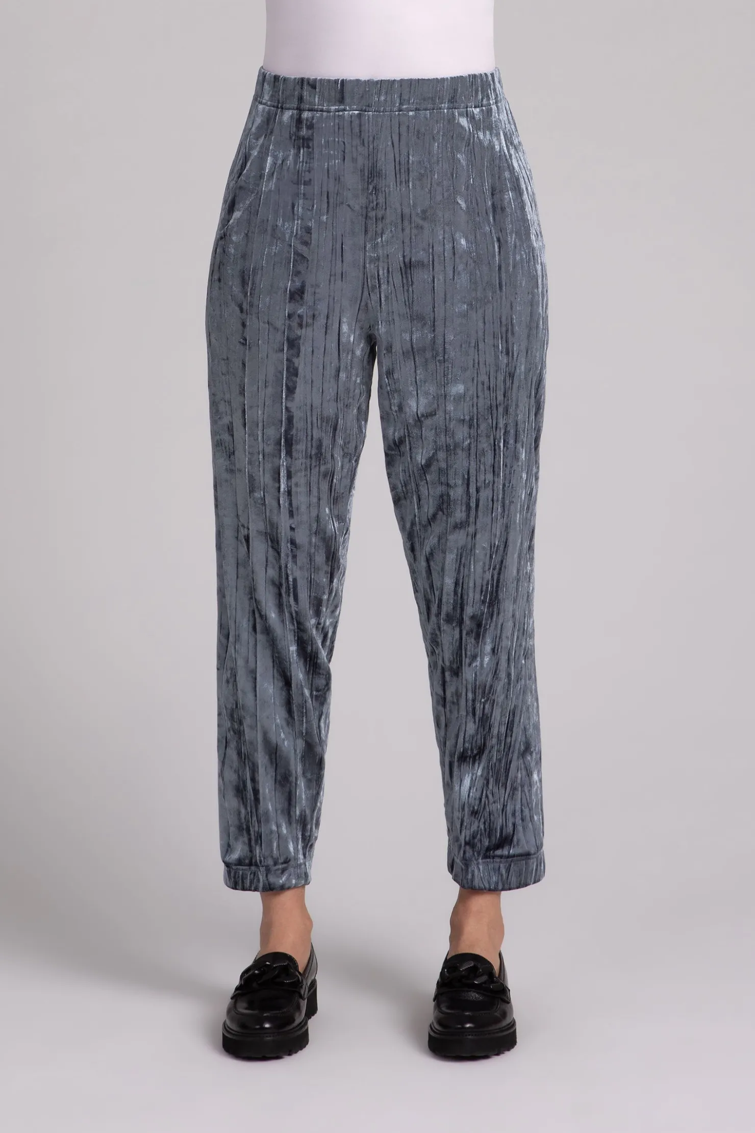 Sympli Bottoms>Crinkle Velvet Half Cuff Jogger Pant Gunmetal