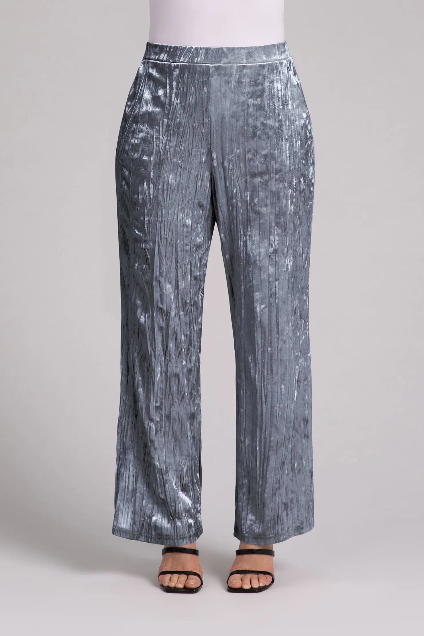 Sympli Bottoms>Crinkle Velvet Straight Leg Pant Gunmetal