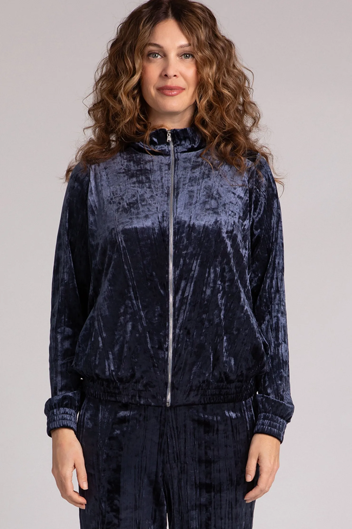 Sympli Jackets & Coats>Crinkle Velvet Zip Front Warm Up Navy