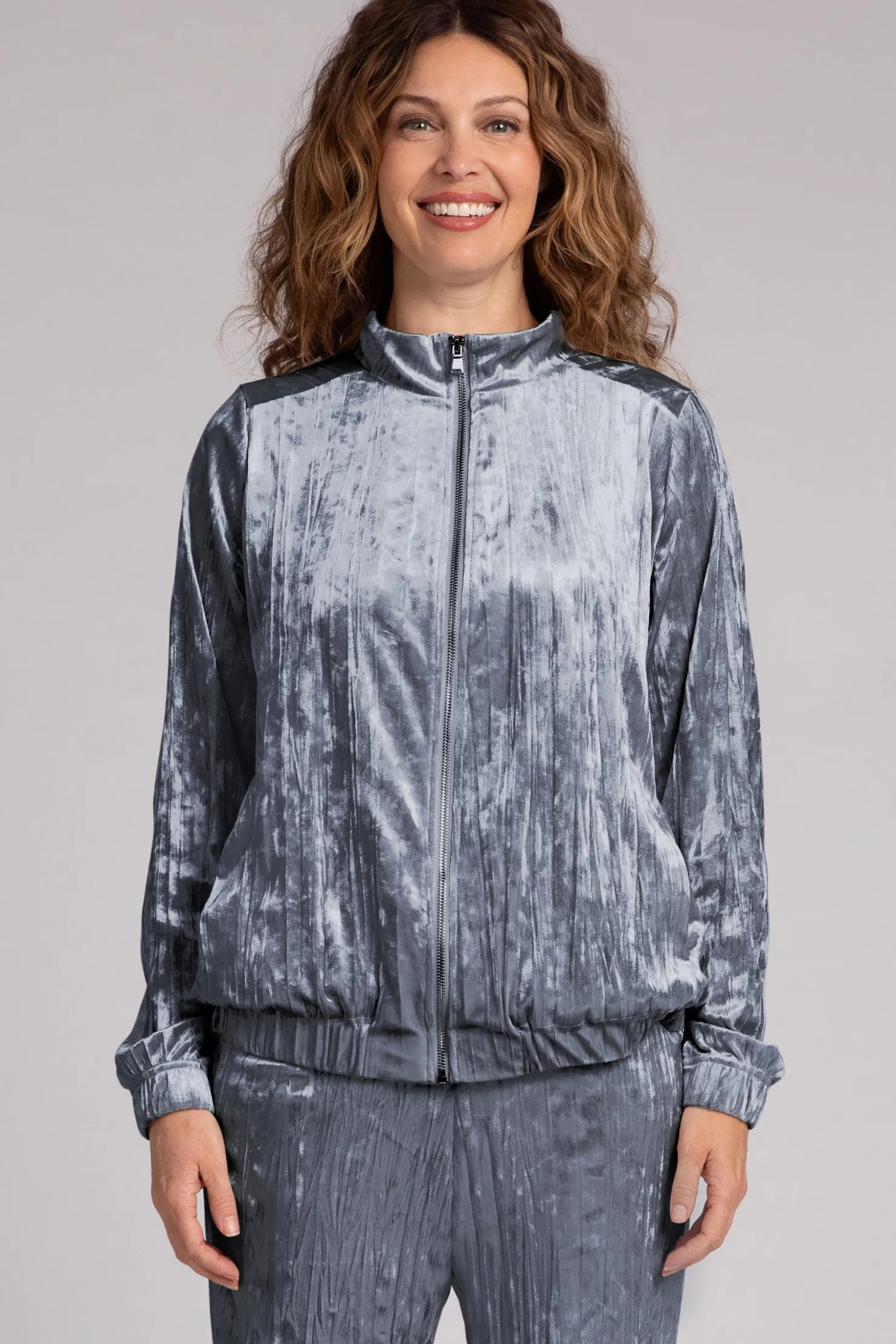 Sympli Jackets & Coats>Crinkle Velvet Zip Front Warm Up Gunmetal