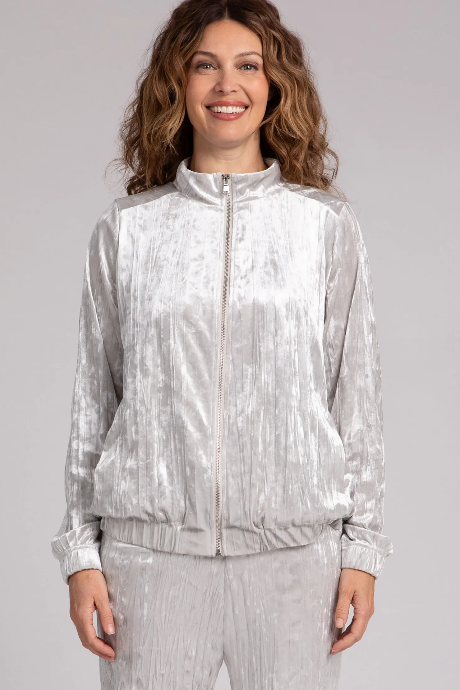 Sympli Jackets & Coats>Crinkle Velvet Zip Front Warm Up Cashew