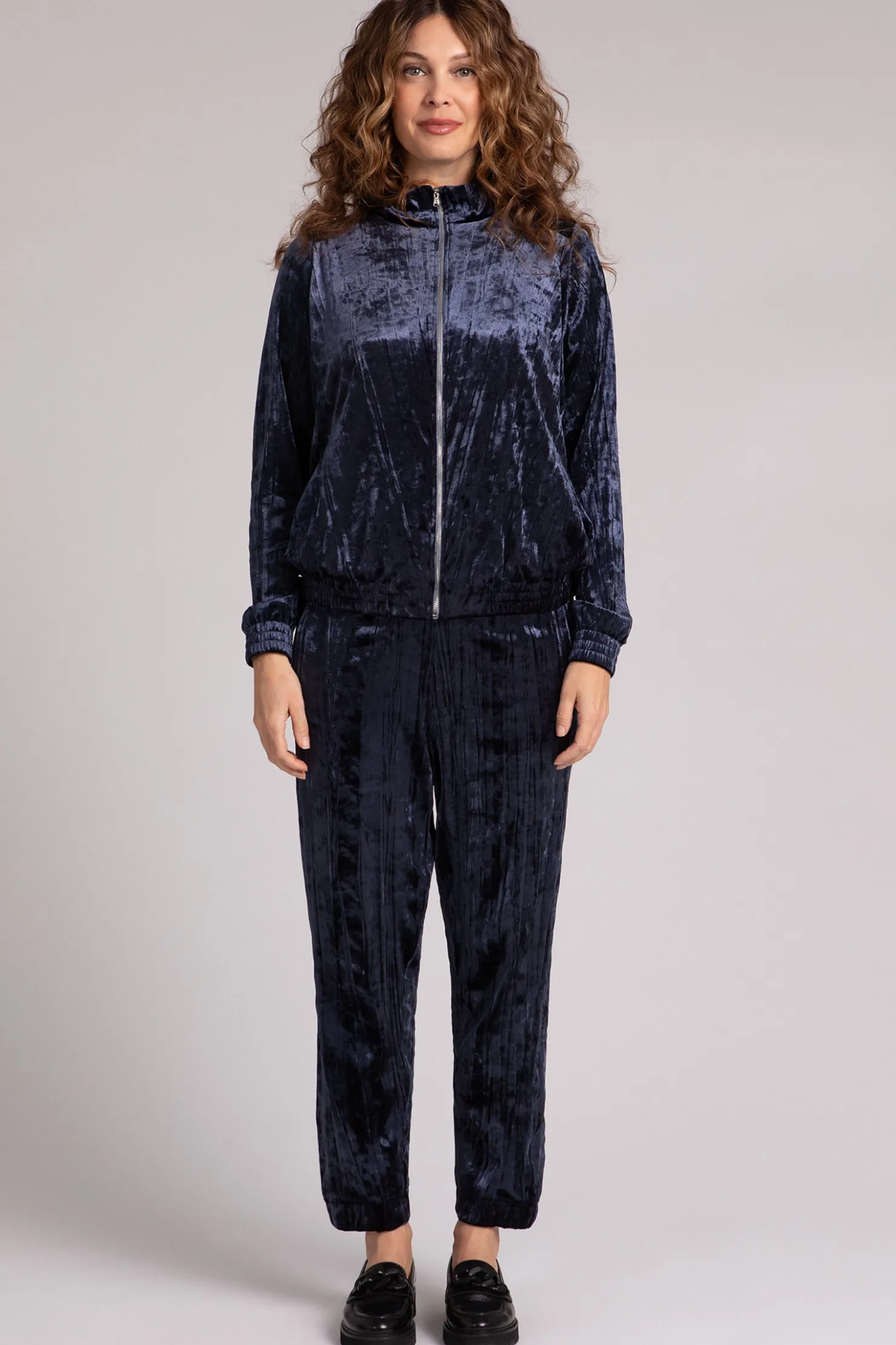 Sympli Jackets & Coats>Crinkle Velvet Zip Front Warm Up Navy