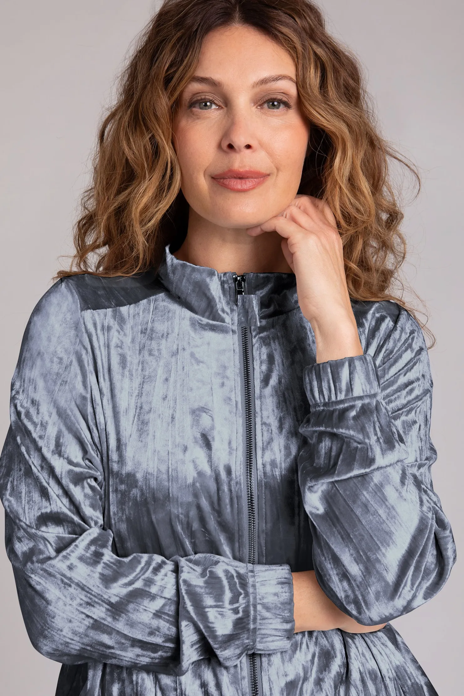 Sympli Jackets & Coats>Crinkle Velvet Zip Front Warm Up Gunmetal