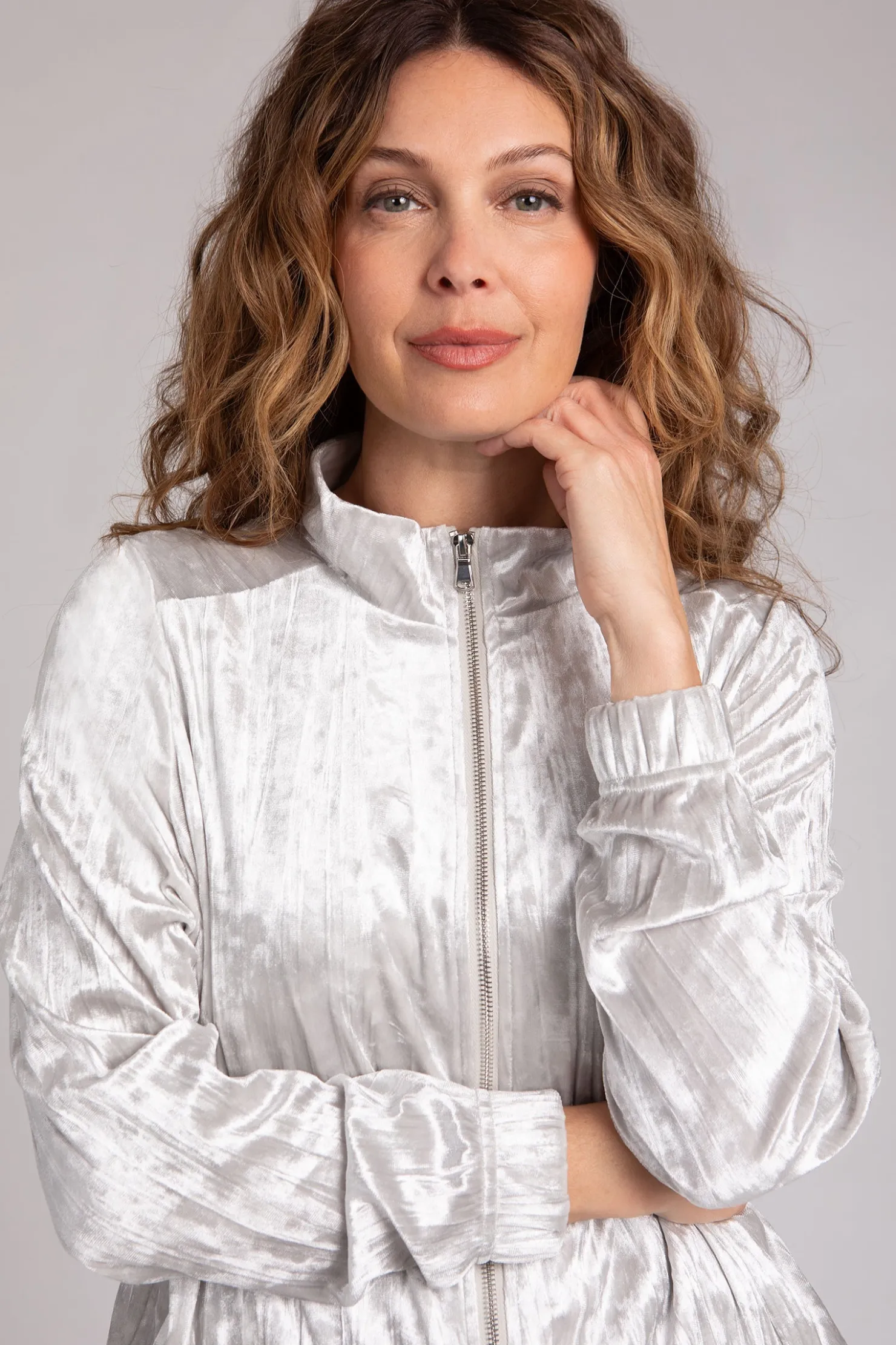 Sympli Jackets & Coats>Crinkle Velvet Zip Front Warm Up Cashew