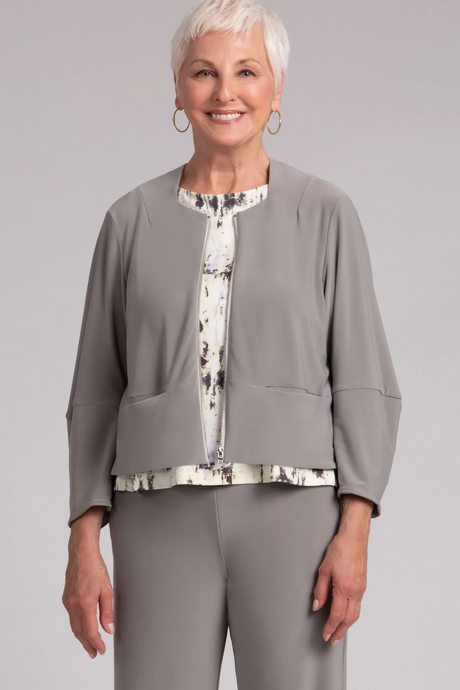 Sympli Jackets & Coats>Cropped Lantern Jacket with Zip Front Taupe