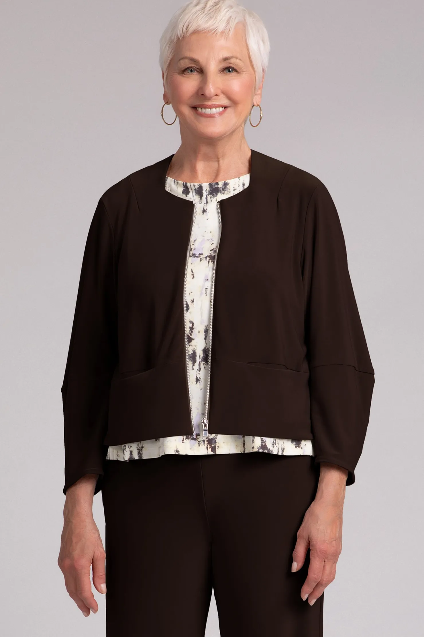 Sympli Jackets & Coats>Cropped Lantern Jacket with Zip Front Chocolate