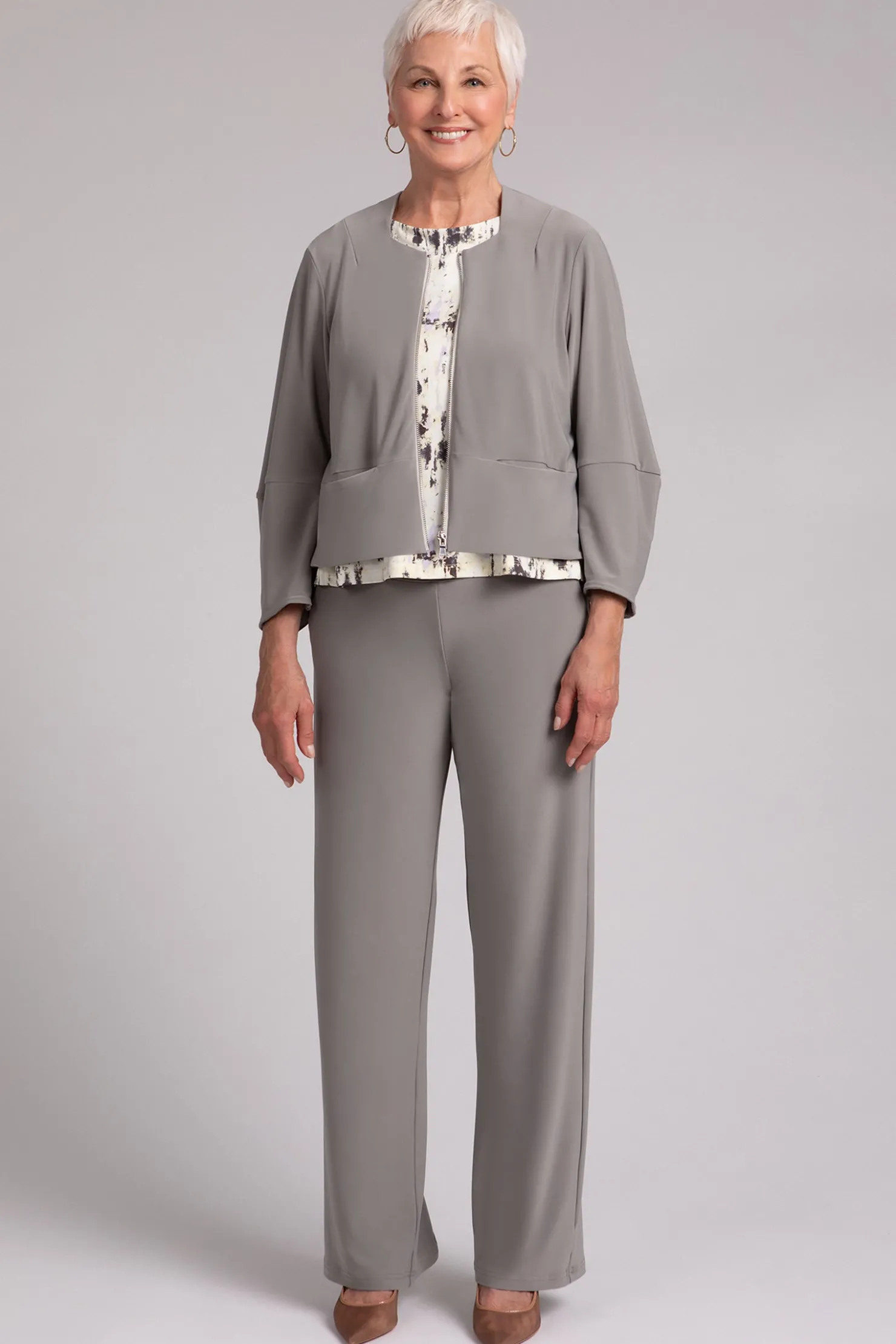 Sympli Jackets & Coats>Cropped Lantern Jacket with Zip Front Taupe