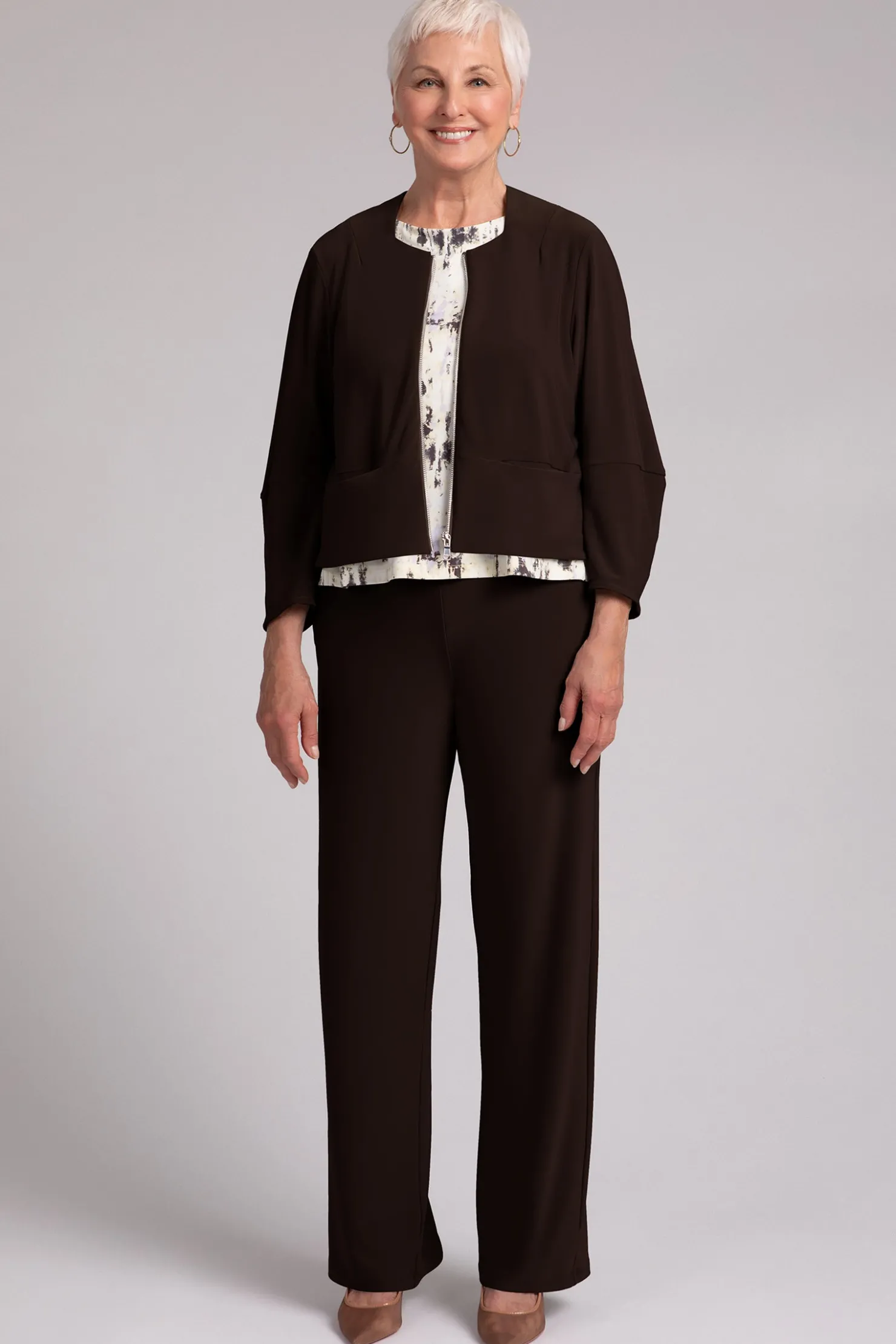 Sympli Jackets & Coats>Cropped Lantern Jacket with Zip Front Chocolate