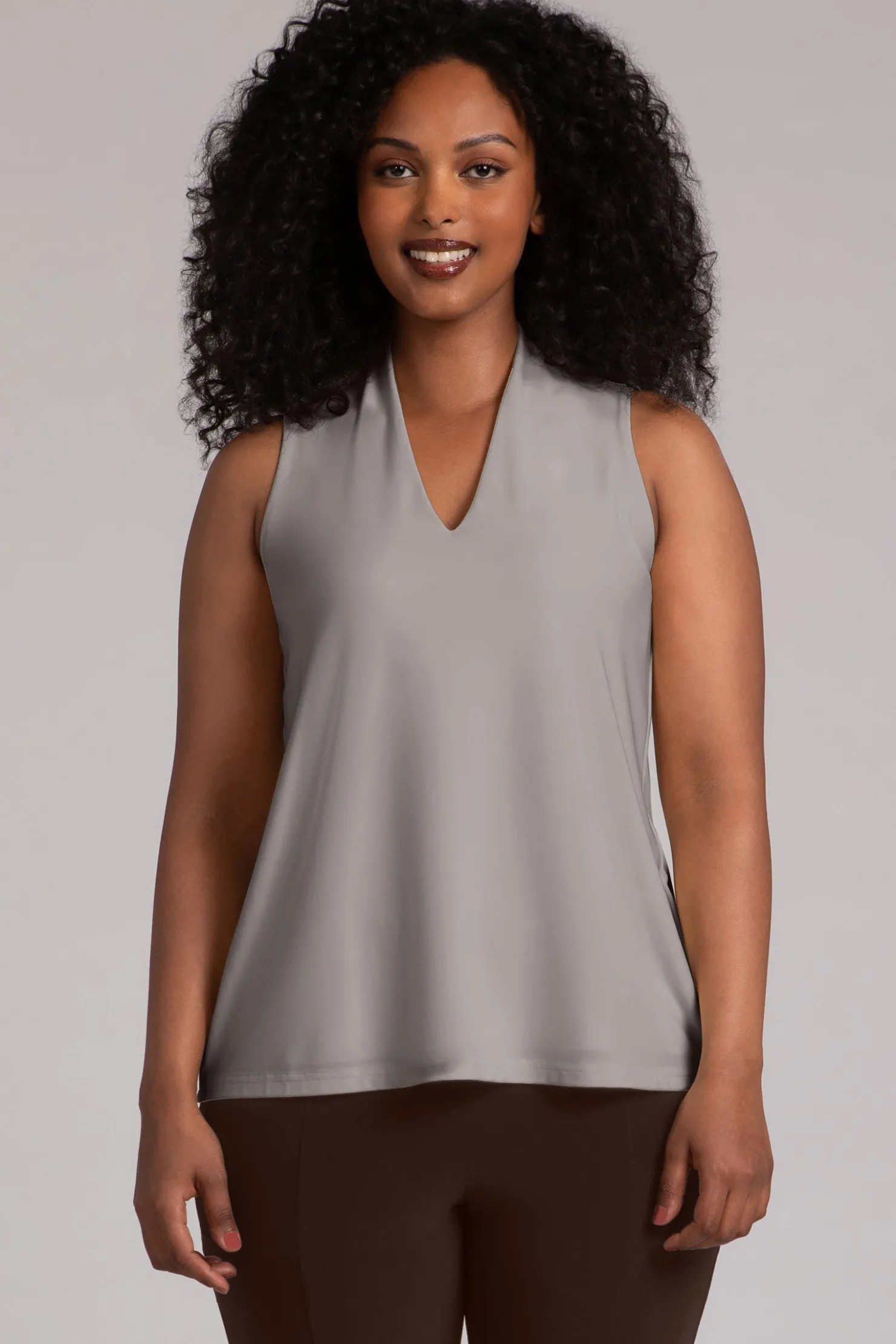 Sympli Tops>Deep V Trapeze Tank Taupe