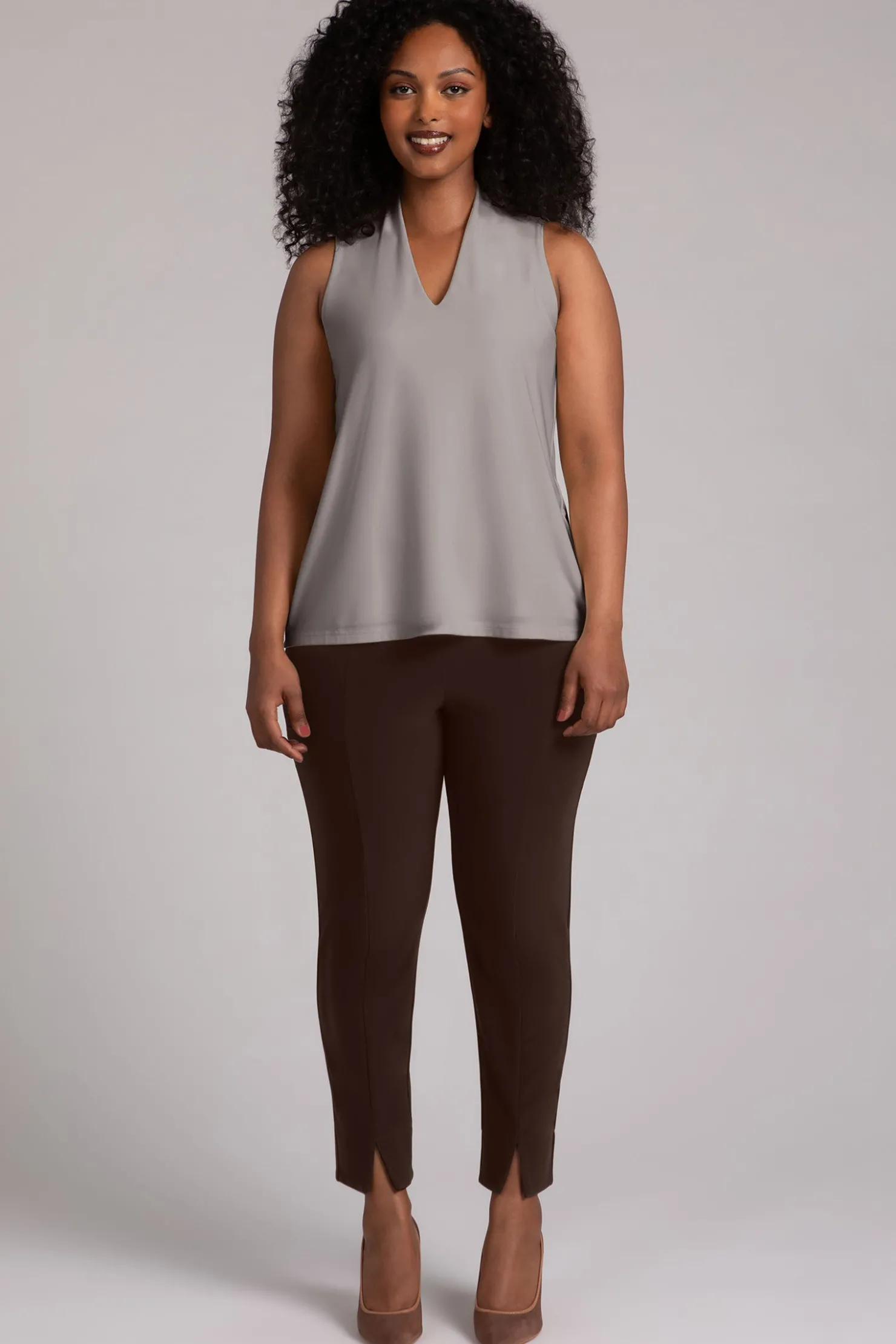 Sympli Tops>Deep V Trapeze Tank Taupe
