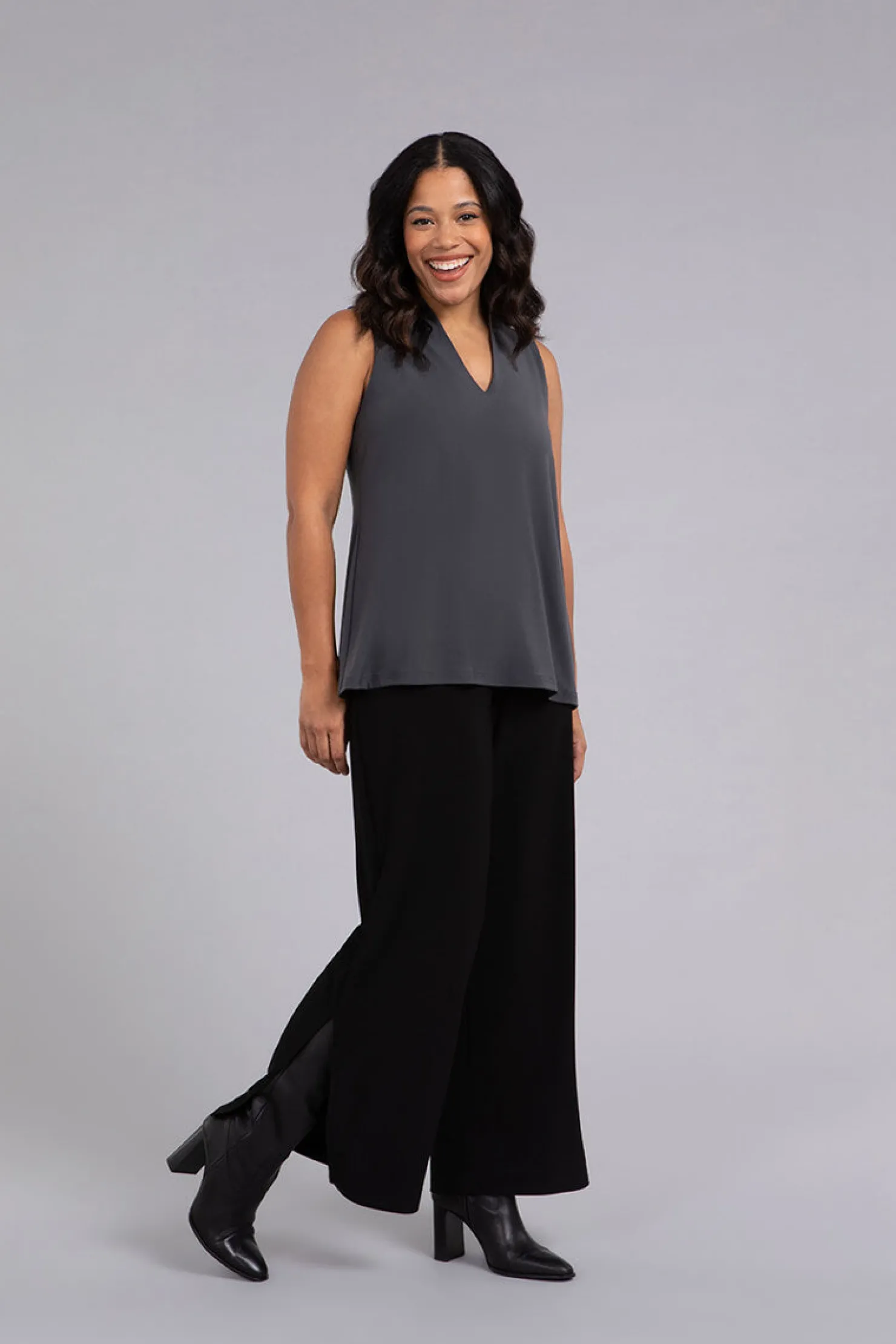 Sympli Tops>Deep V Trapeze Tank Graphite
