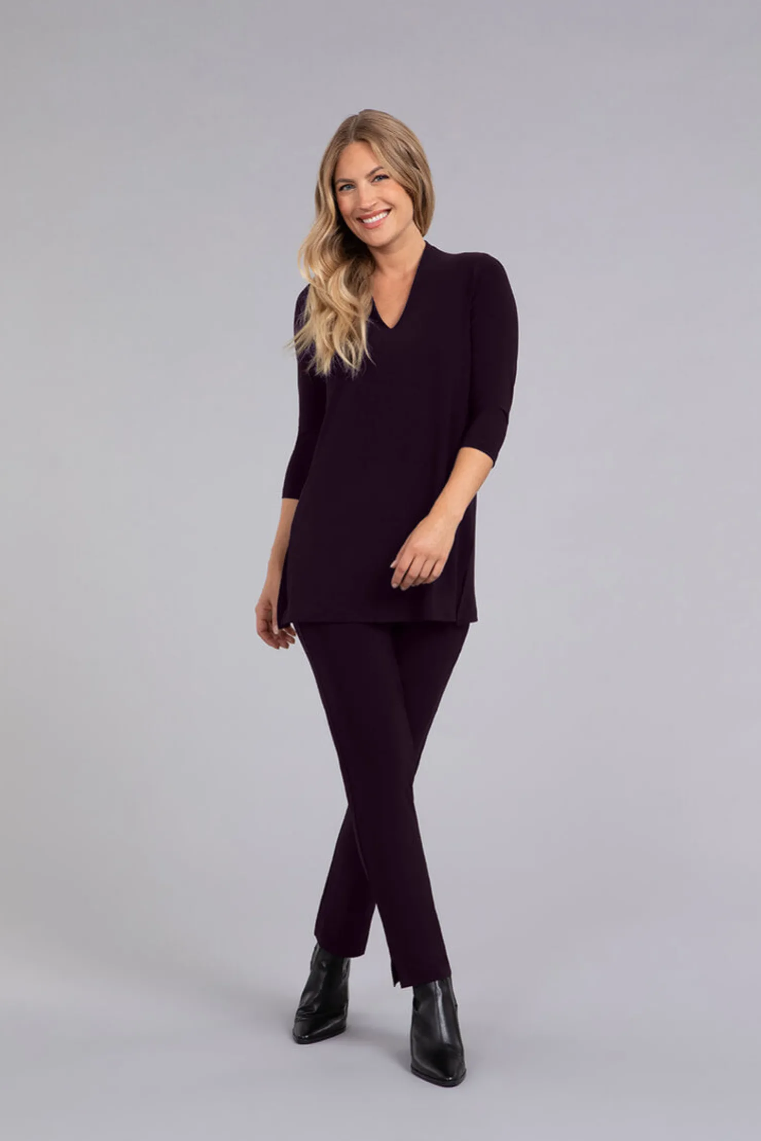 Sympli Tops>Deep V Tunic Currant