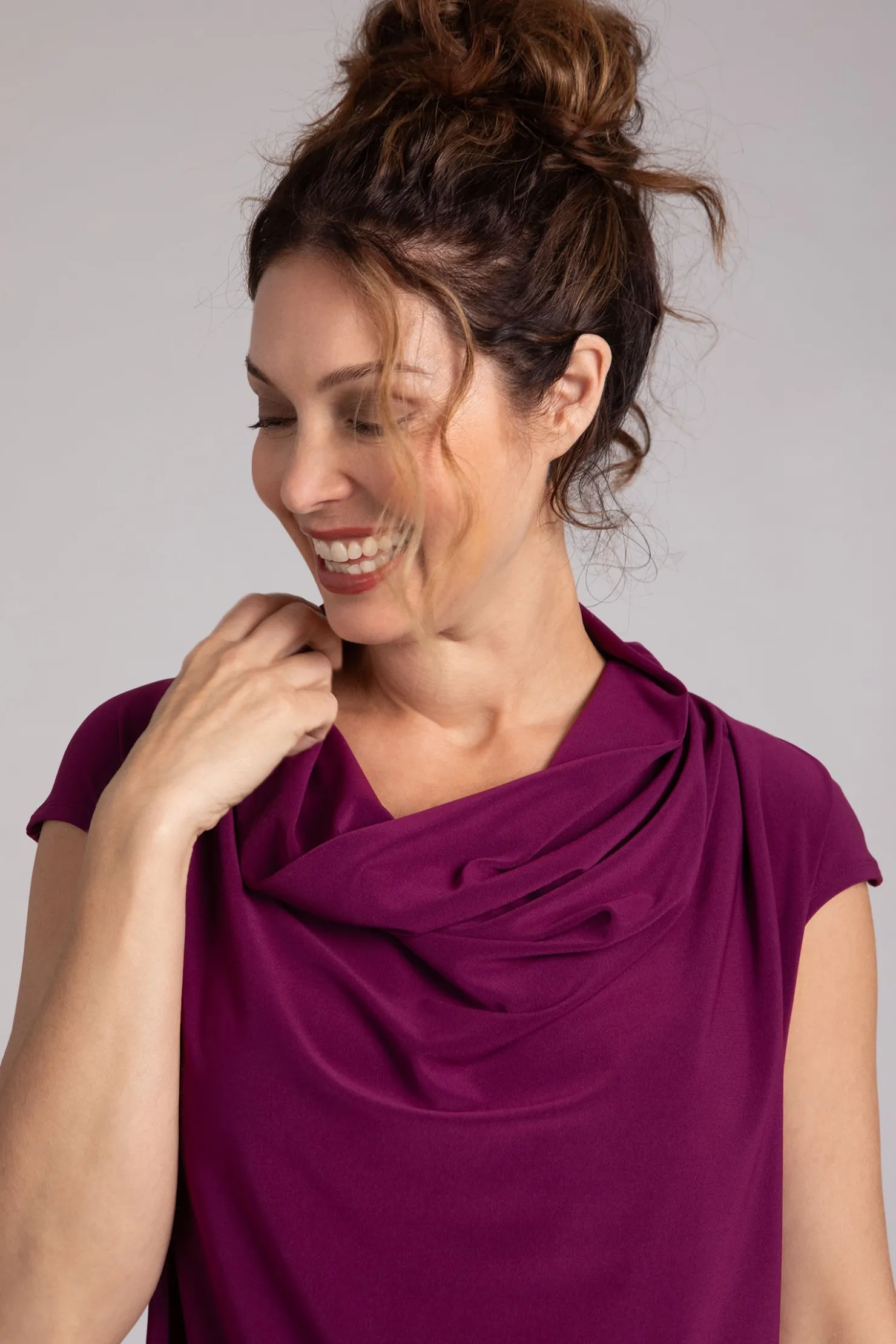 Sympli Tops>Draped Cowl Top Amaranth