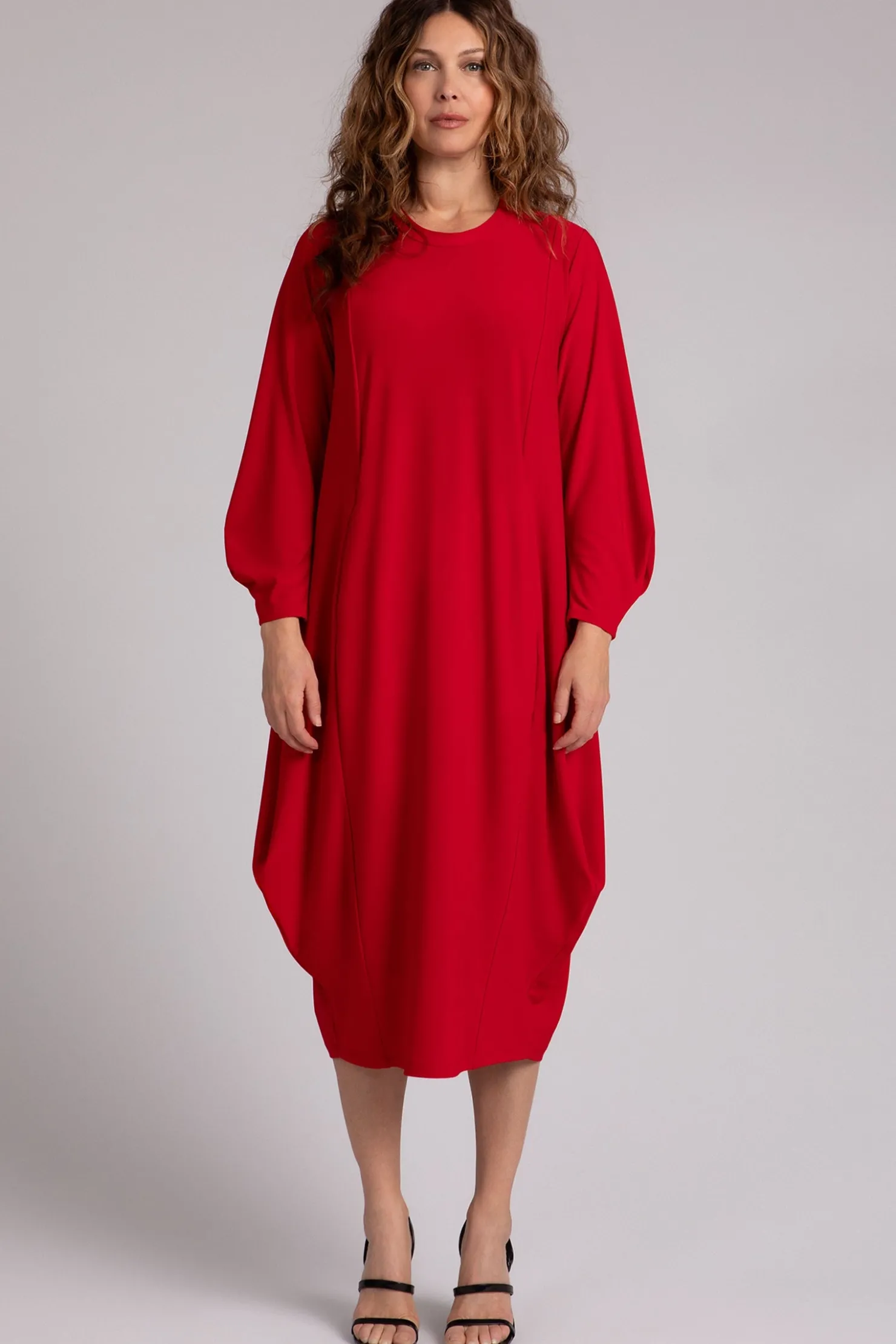 Sympli Dresses>Easy Crew Neck Lantern Dress Poppy