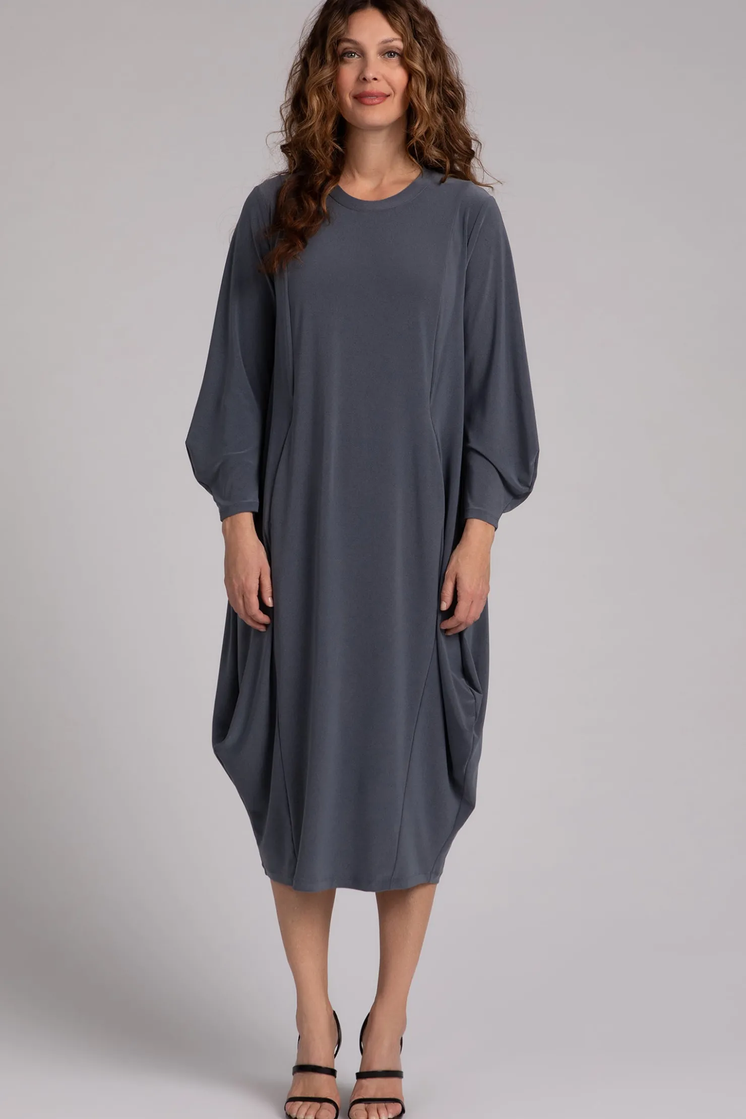 Sympli Dresses>Easy Crew Neck Lantern Dress MelangeGunmetal