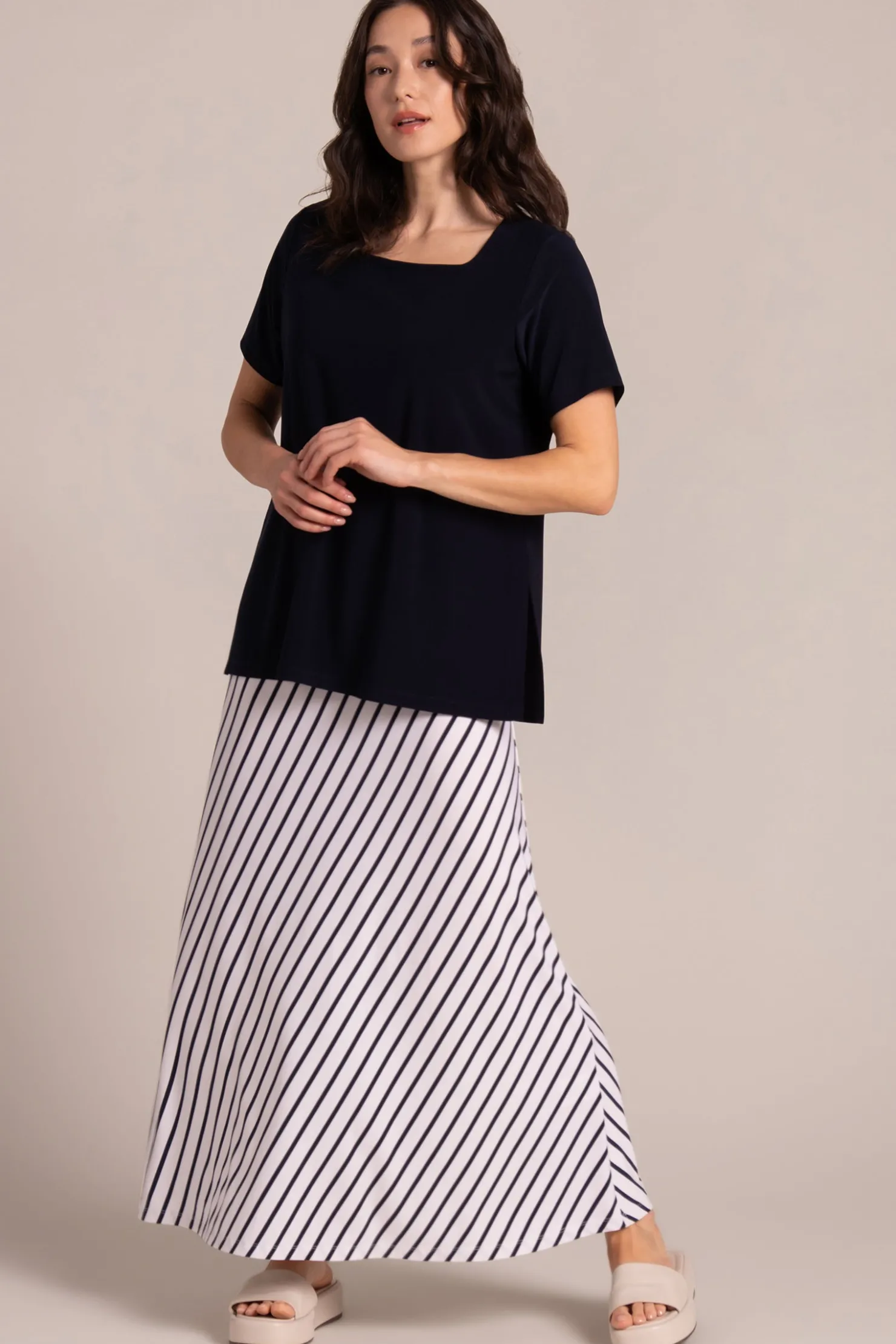Sympli Bottoms>Essential A-Line Skirt NavyStripe