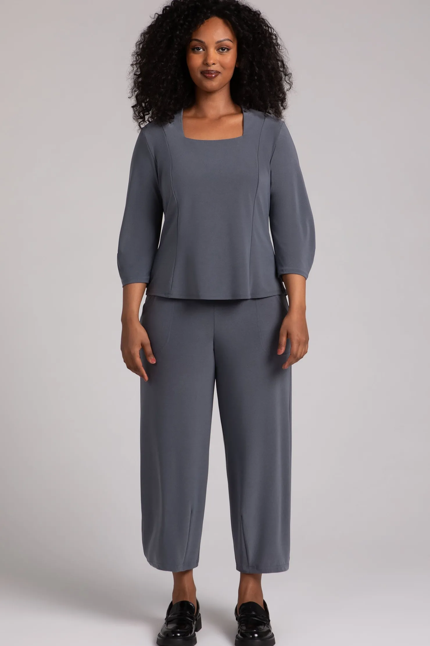 Sympli Tops>Fit N Flare Lantern Top MelangeGunmetal