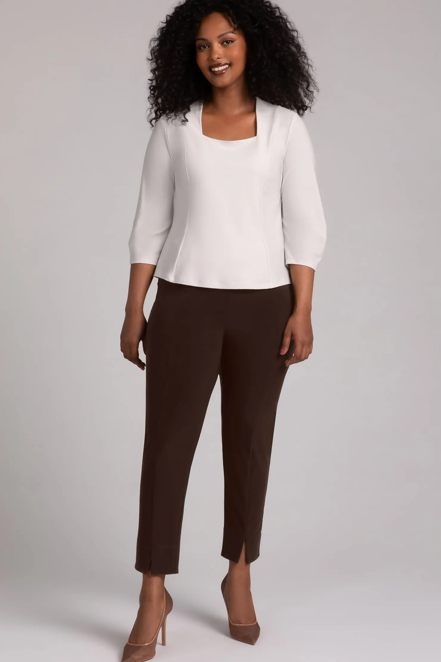 Sympli Tops>Fit N Flare Lantern Top Cashew