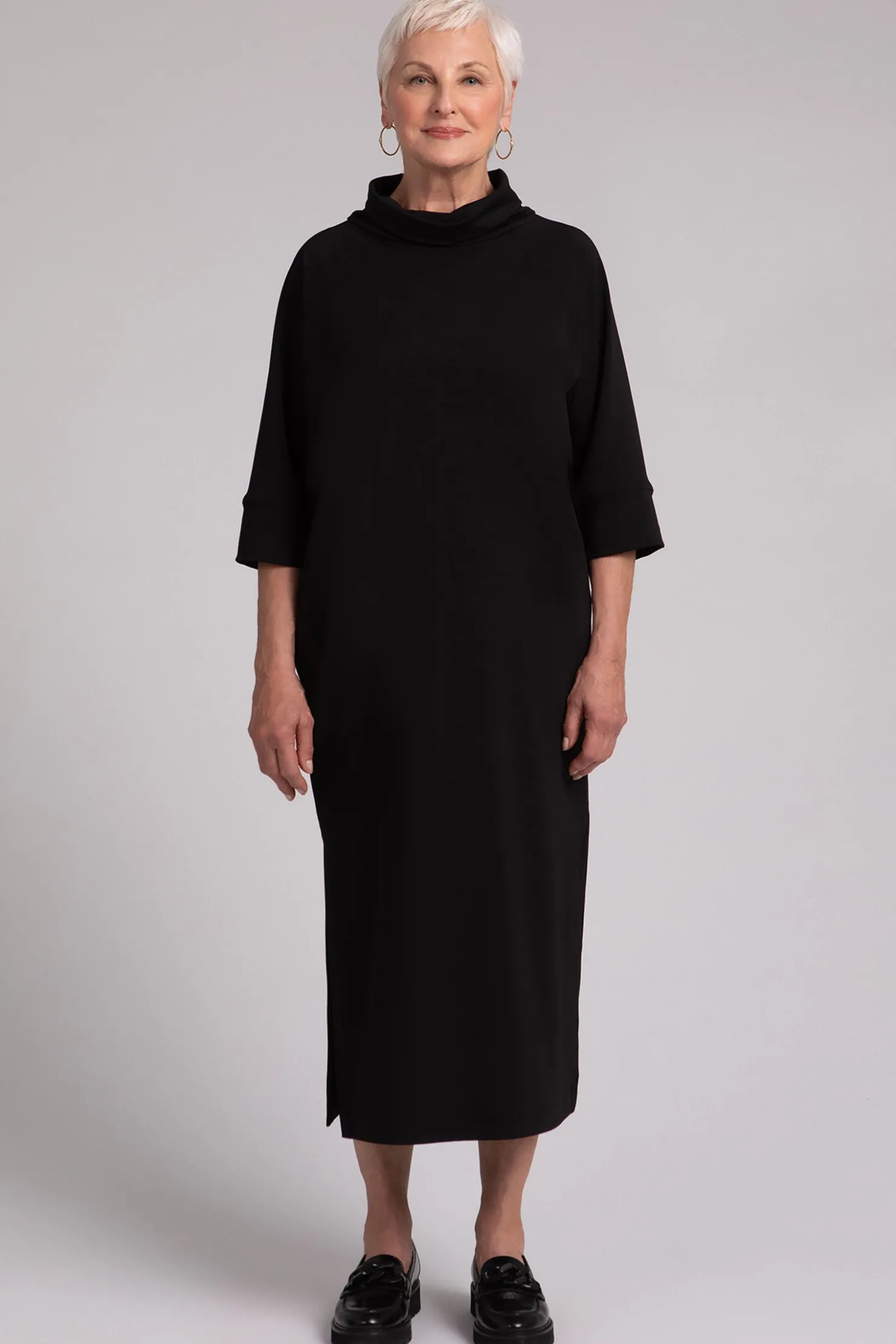 Sympli Dresses>Fleece Back Jersey Cozy Raglan Funnel Neck Dress Black
