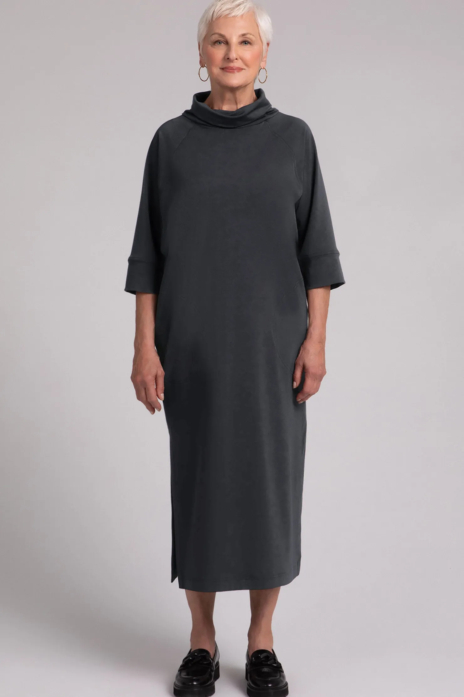 Sympli Dresses>Fleece Back Jersey Cozy Raglan Funnel Neck Dress Graphite