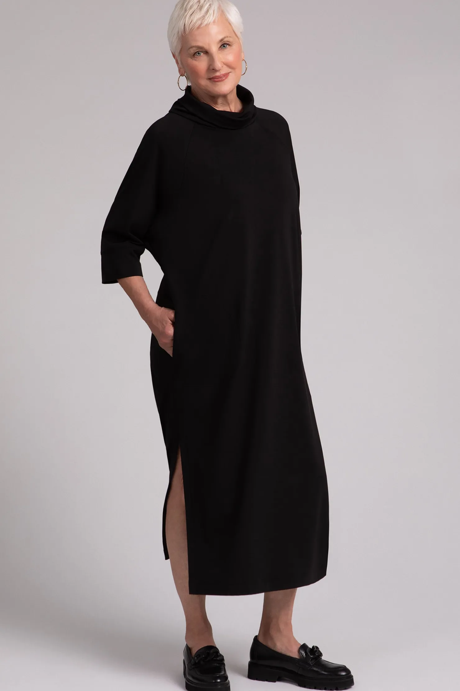 Sympli Dresses>Fleece Back Jersey Cozy Raglan Funnel Neck Dress Black