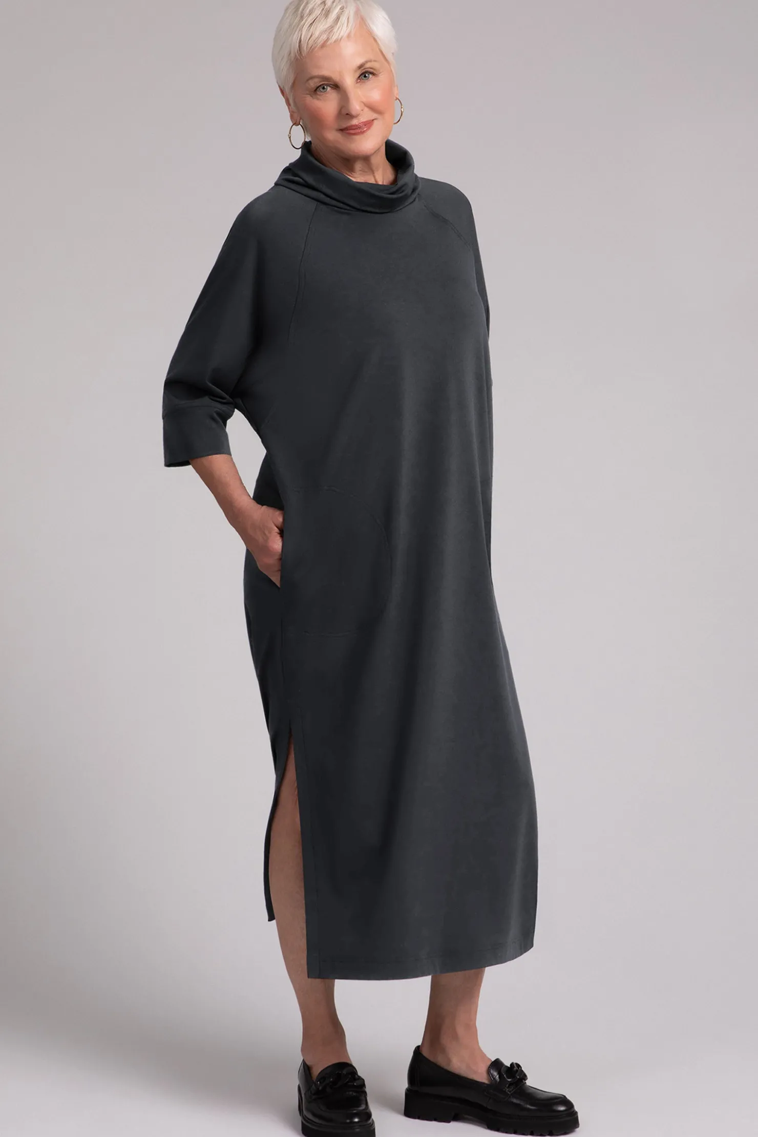 Sympli Dresses>Fleece Back Jersey Cozy Raglan Funnel Neck Dress Graphite