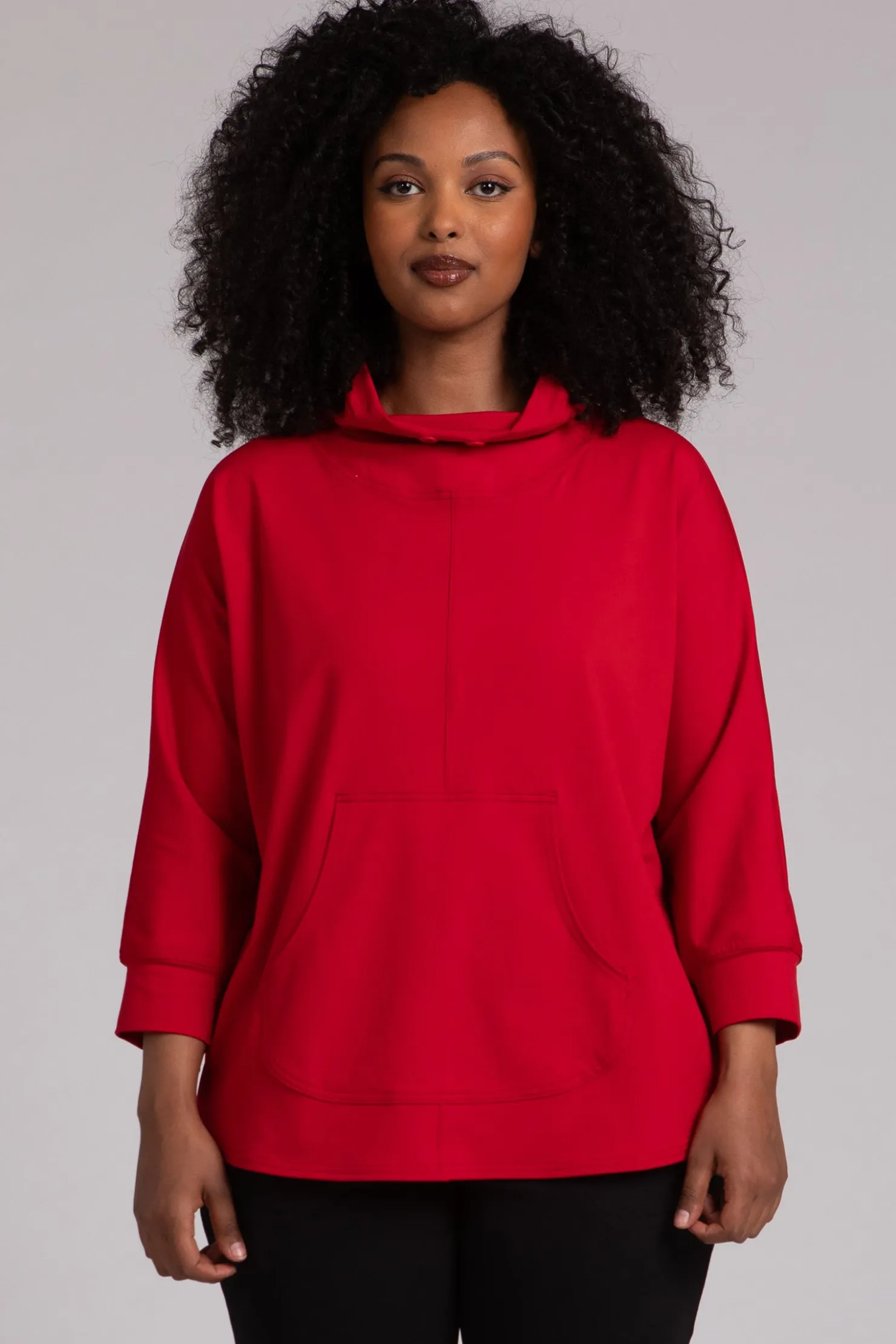 Sympli Tops>Fleece Back Jersey Funnel Neck Pullover with Kangaroo Pocket Poppy