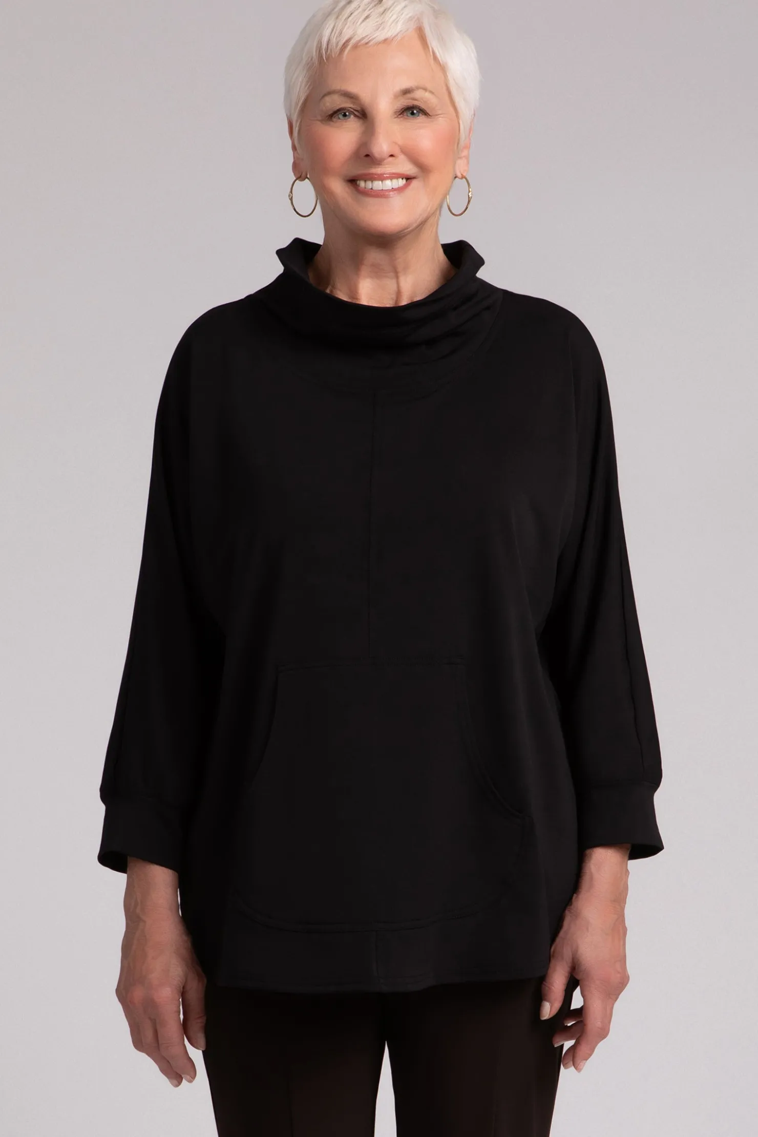 Sympli Tops>Fleece Back Jersey Funnel Neck Pullover with Kangaroo Pocket Black