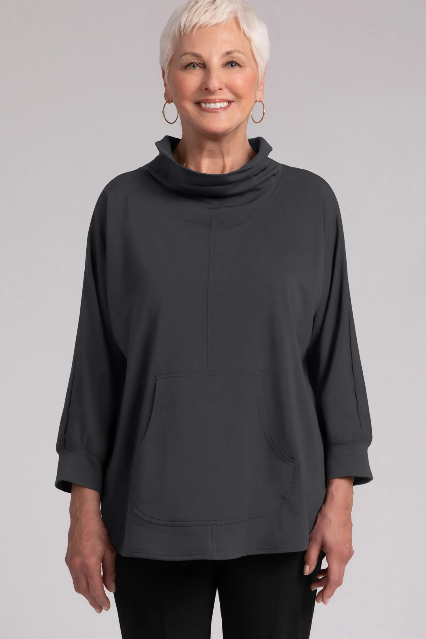 Sympli Tops>Fleece Back Jersey Funnel Neck Pullover with Kangaroo Pocket Graphite