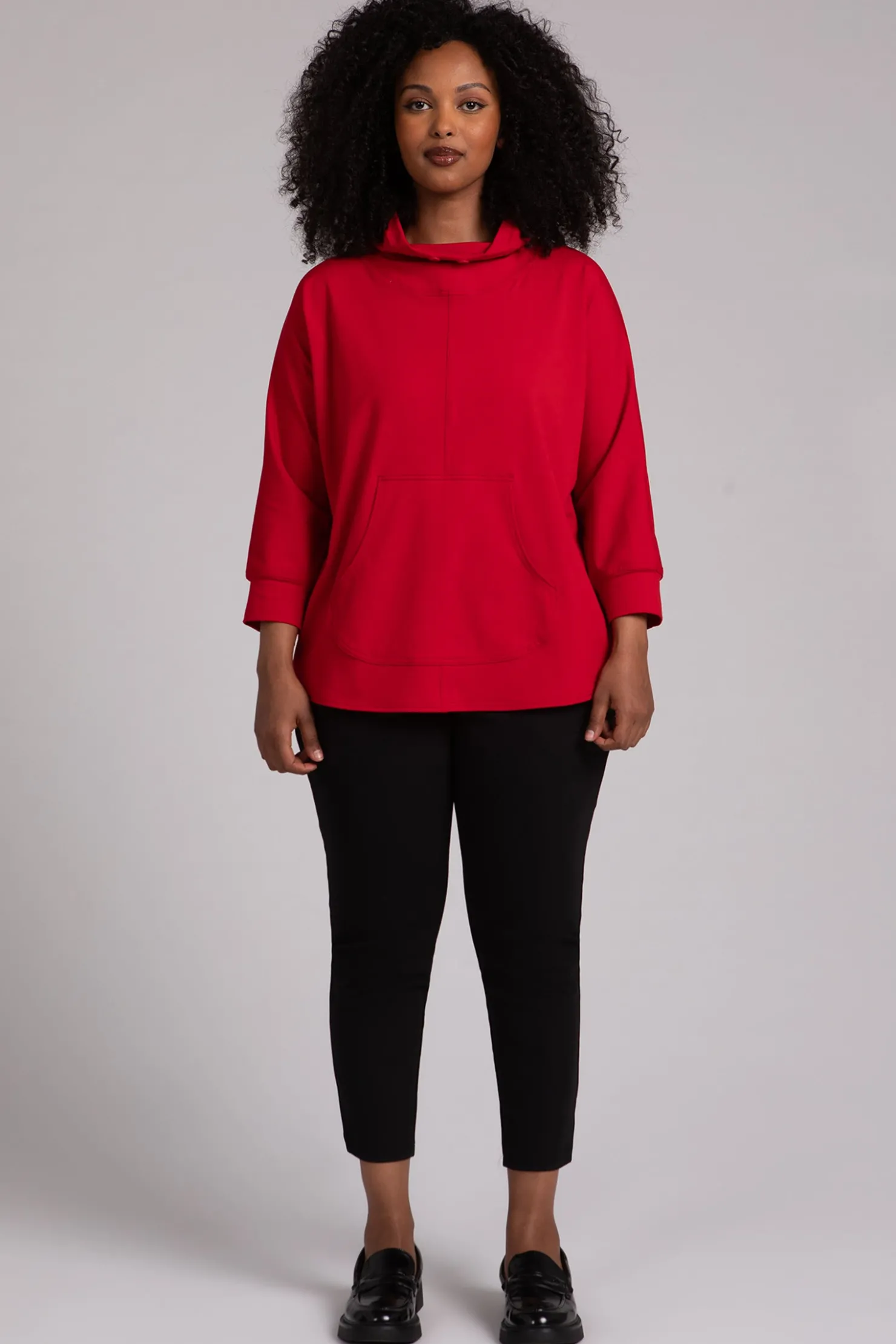 Sympli Tops>Fleece Back Jersey Funnel Neck Pullover with Kangaroo Pocket Poppy