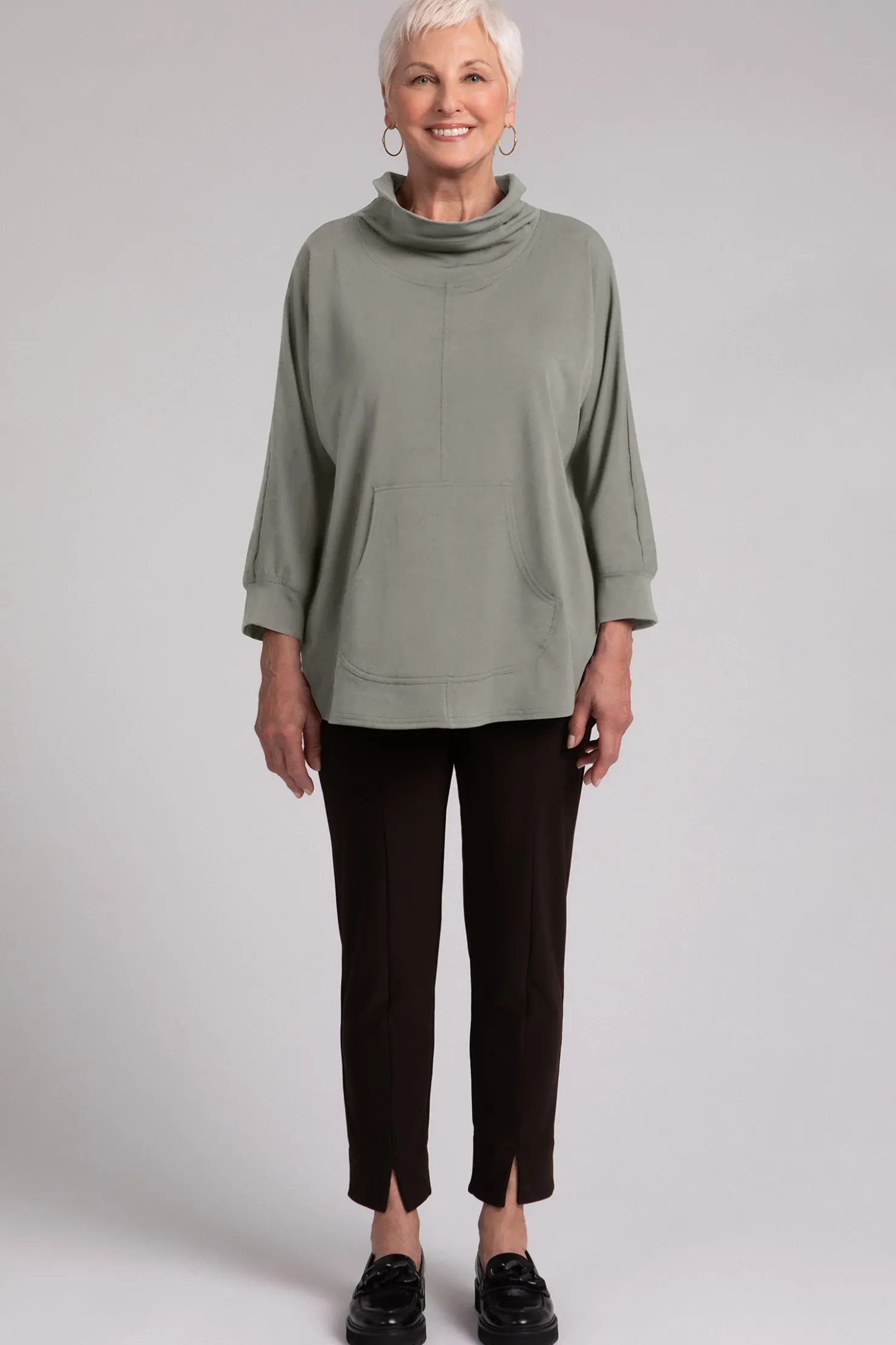 Sympli Tops>Fleece Back Jersey Funnel Neck Pullover with Kangaroo Pocket Taupe