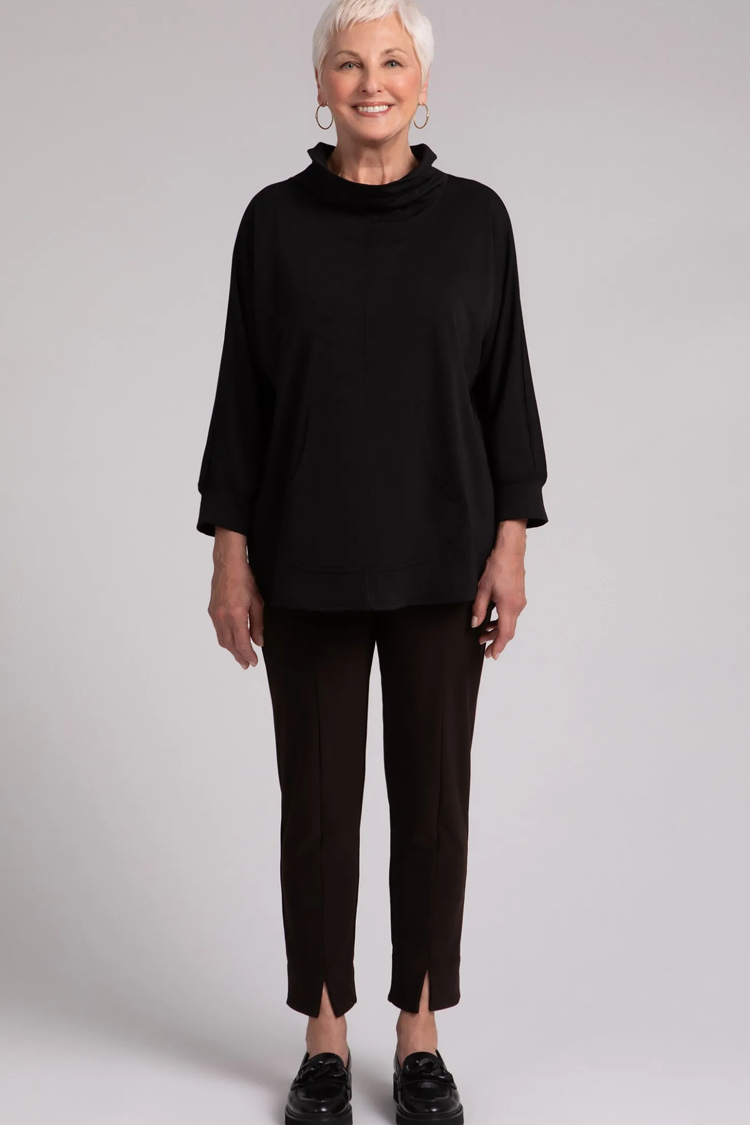 Sympli Tops>Fleece Back Jersey Funnel Neck Pullover with Kangaroo Pocket Black