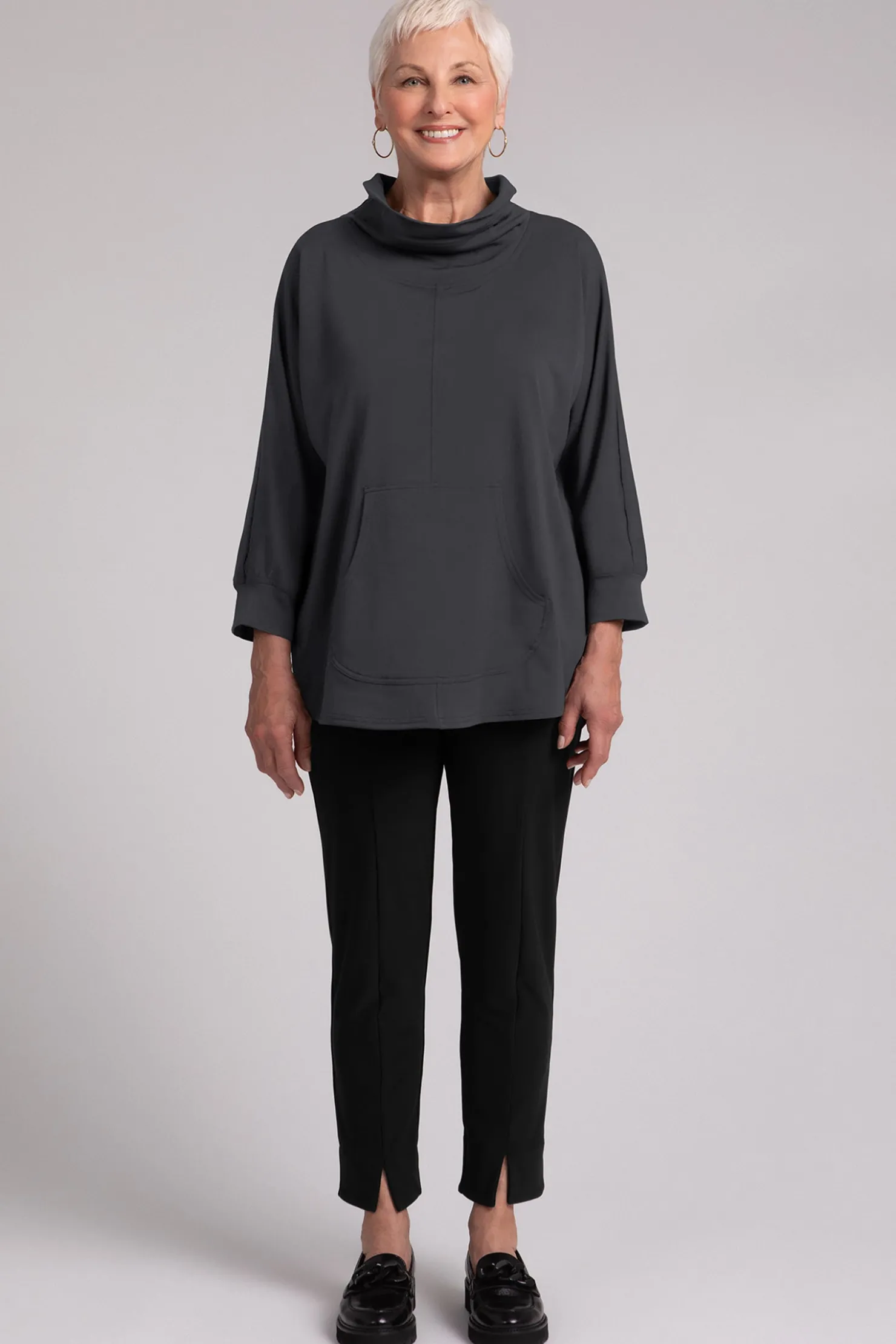 Sympli Tops>Fleece Back Jersey Funnel Neck Pullover with Kangaroo Pocket Graphite