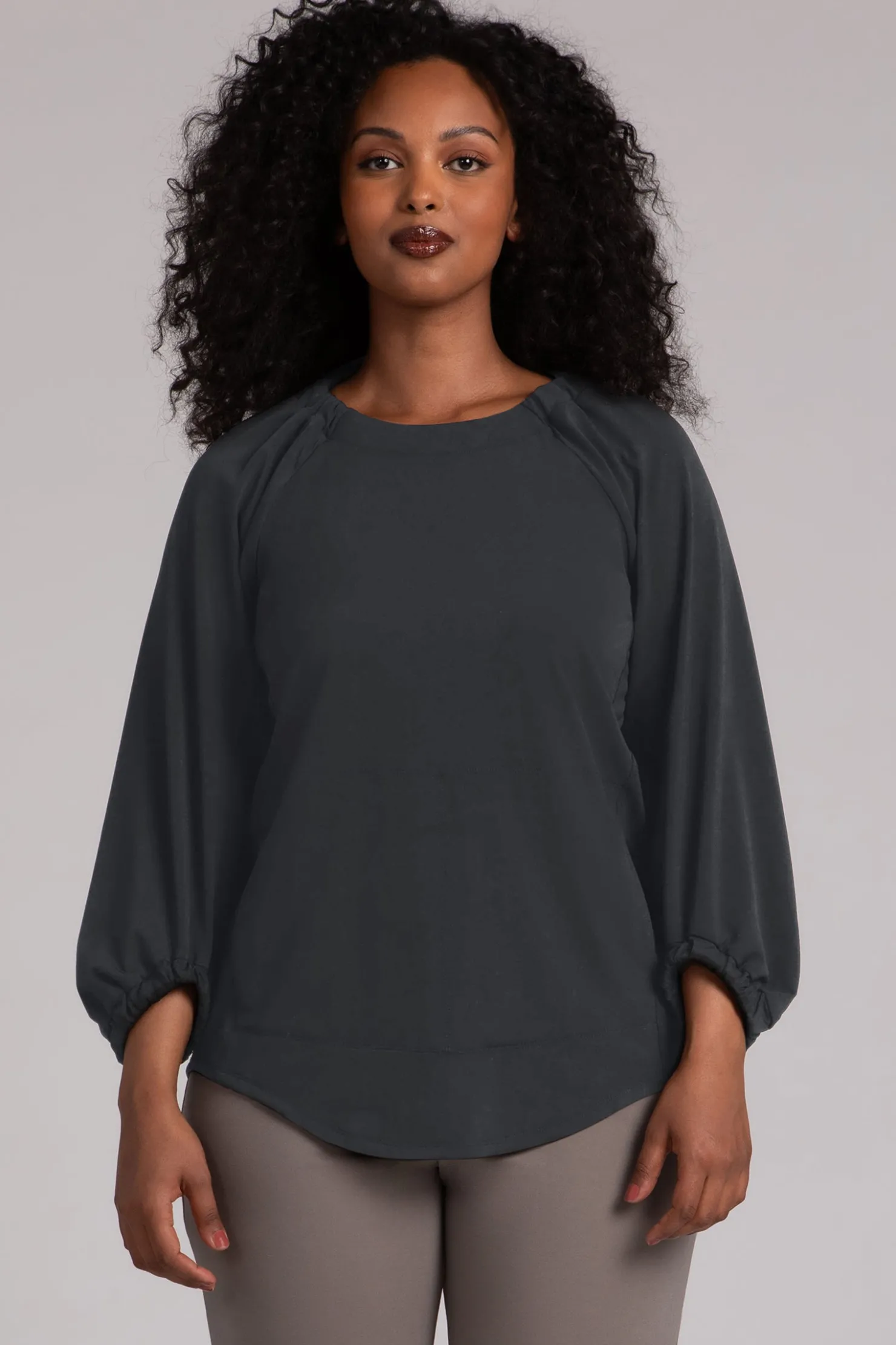 Sympli Tops>Fleece Back Jersey Move Pullover with Elastic Cuff Graphite