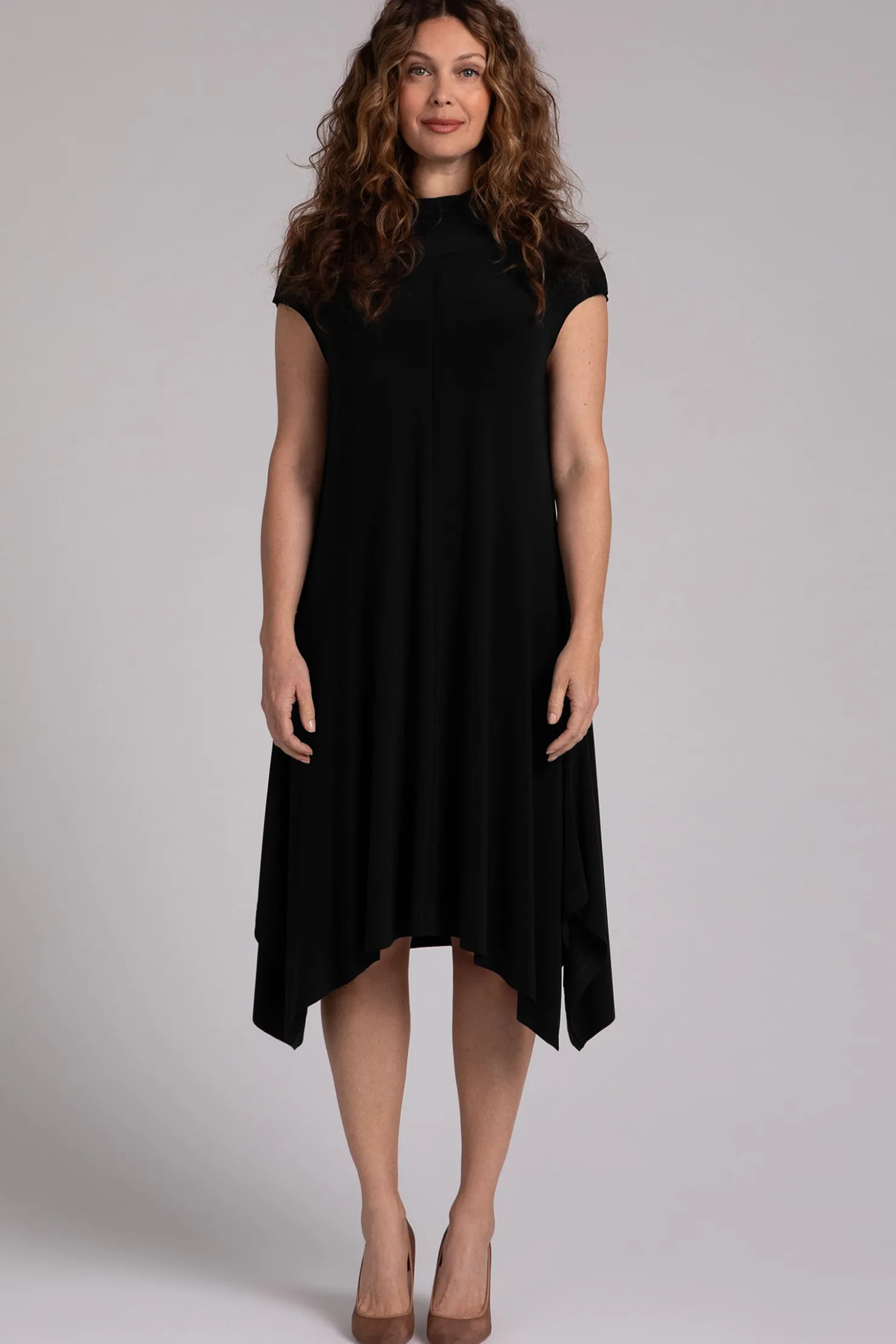 Sympli Dresses>Flounce Funnel Neck Dress Black