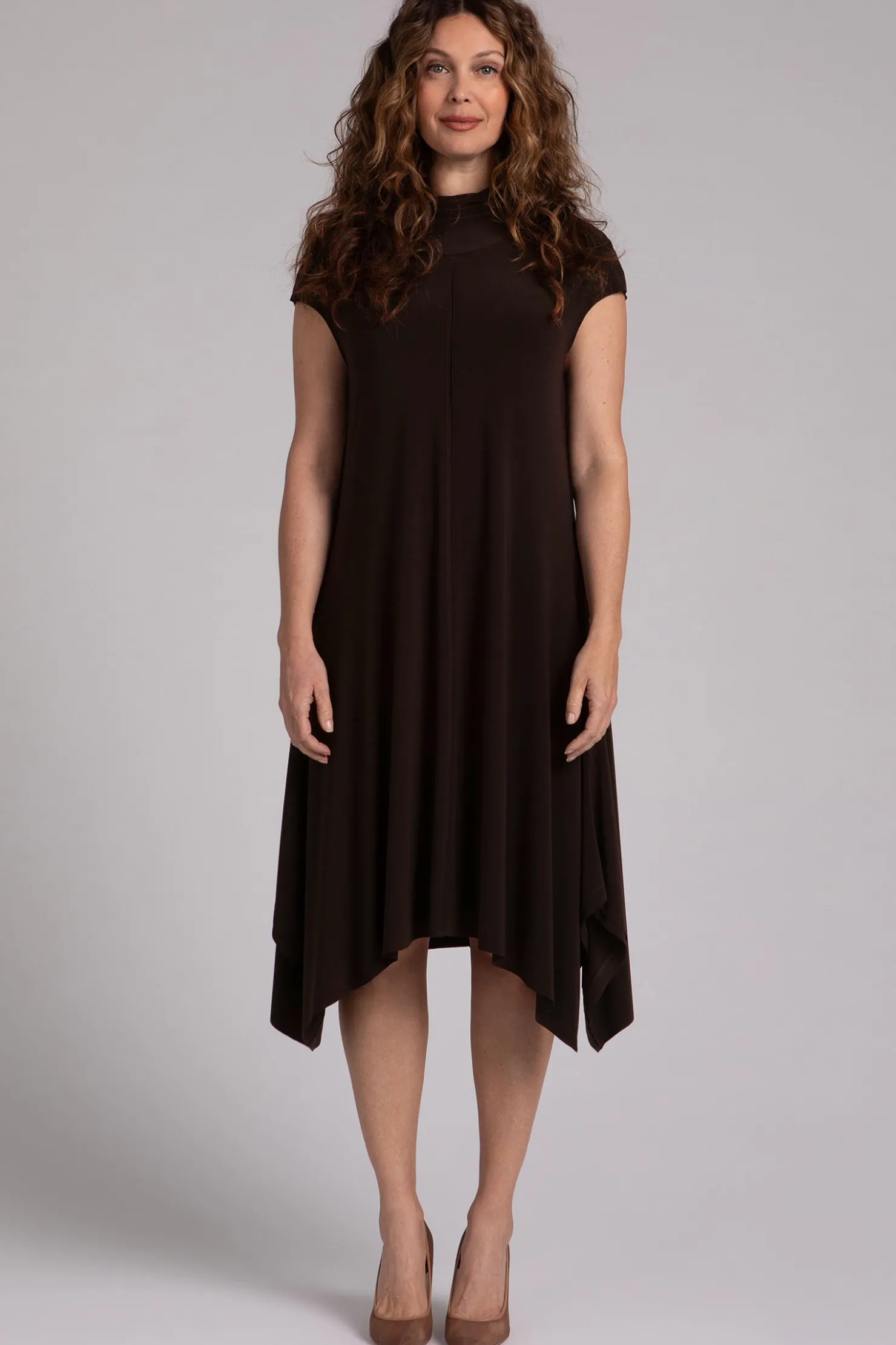 Sympli Dresses>Flounce Funnel Neck Dress Chocolate