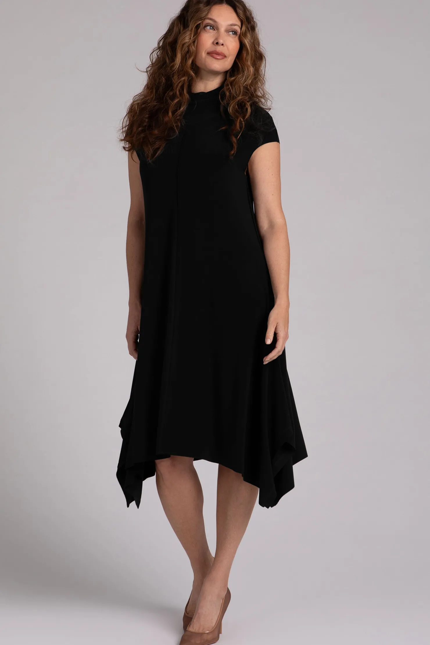 Sympli Dresses>Flounce Funnel Neck Dress Black