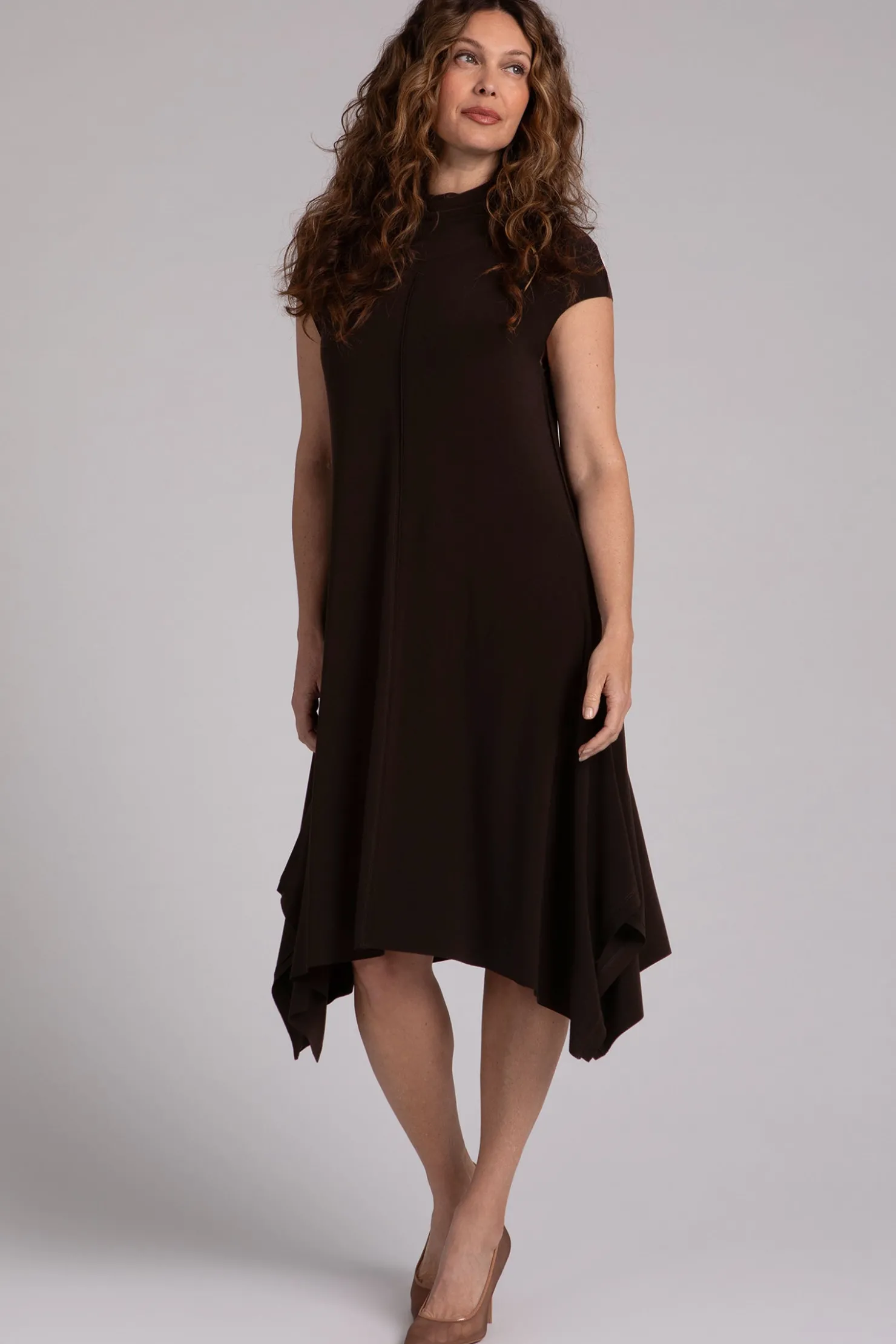 Sympli Dresses>Flounce Funnel Neck Dress Chocolate