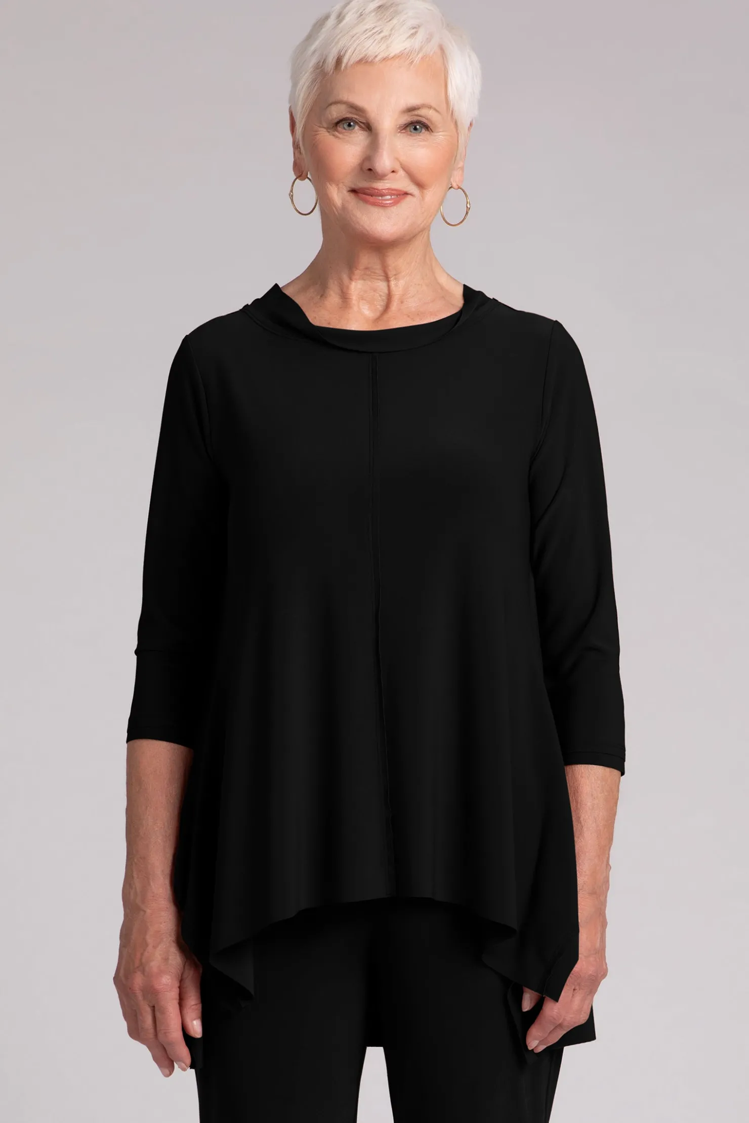 Sympli Tops>Flounce Top with Wide Funnel Collar Black