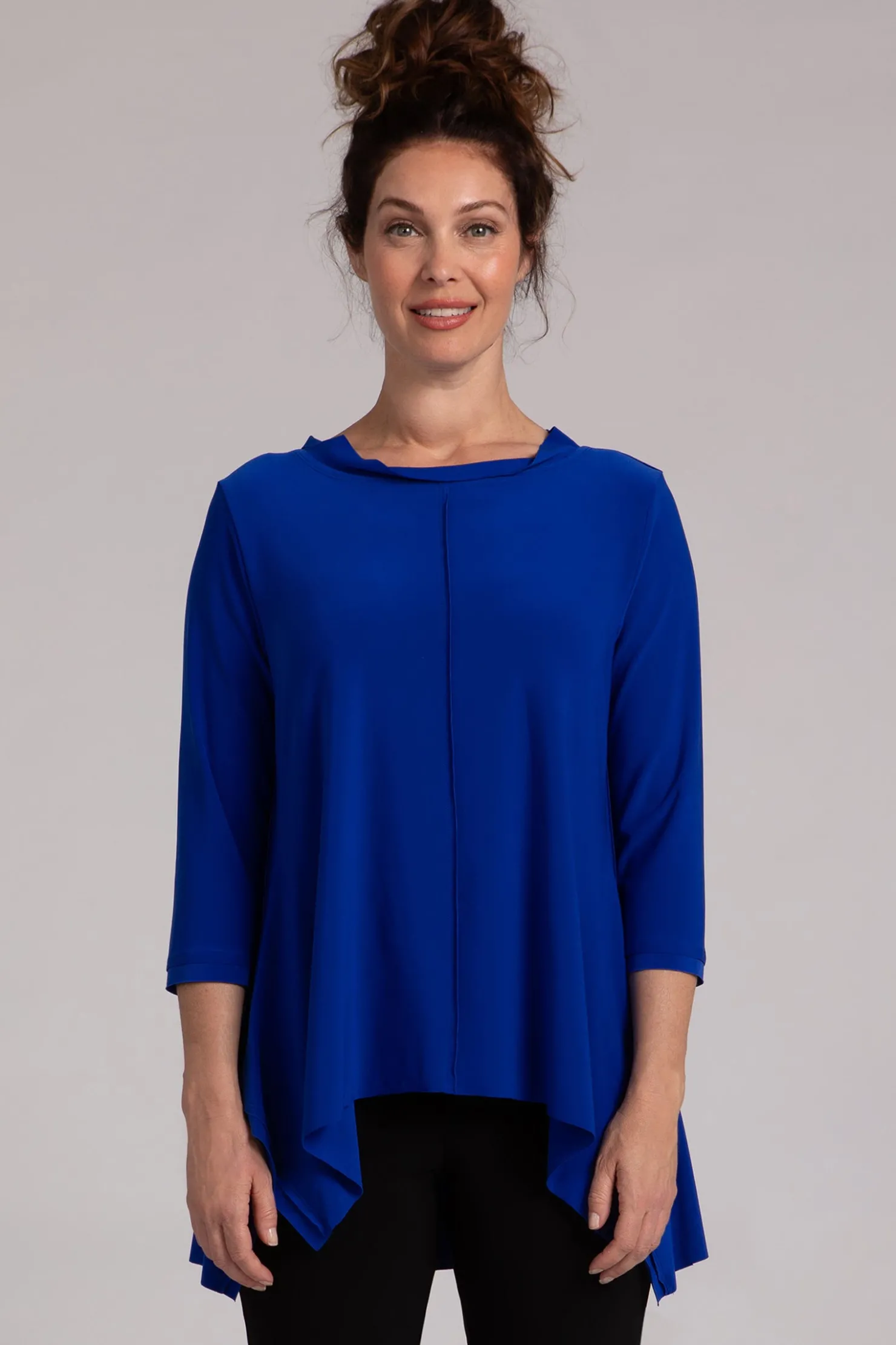 Sympli Tops>Flounce Top with Wide Funnel Collar Lapis