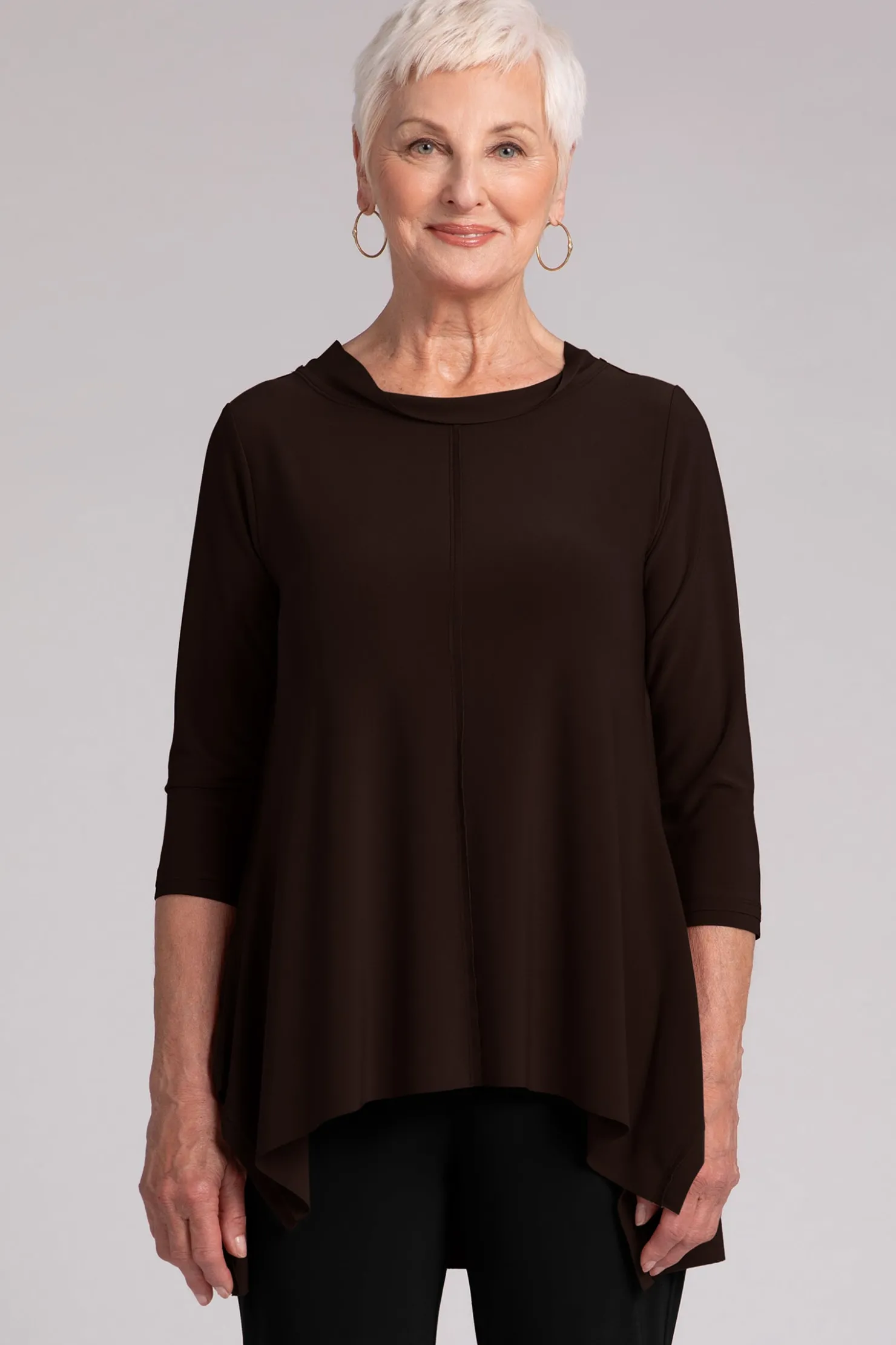 Sympli Tops>Flounce Top with Wide Funnel Collar Chocolate