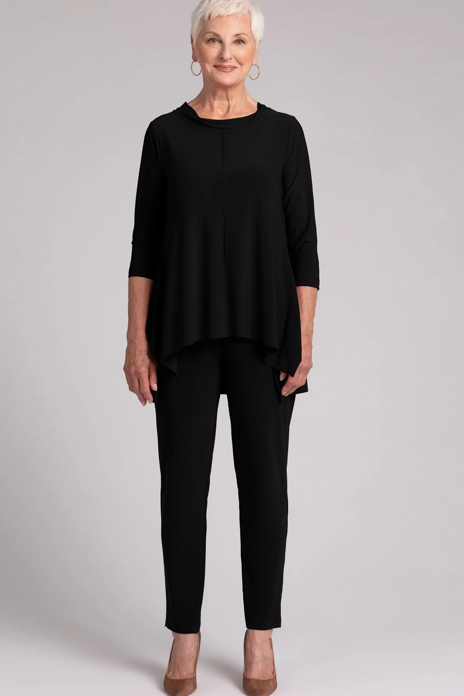 Sympli Tops>Flounce Top with Wide Funnel Collar Black