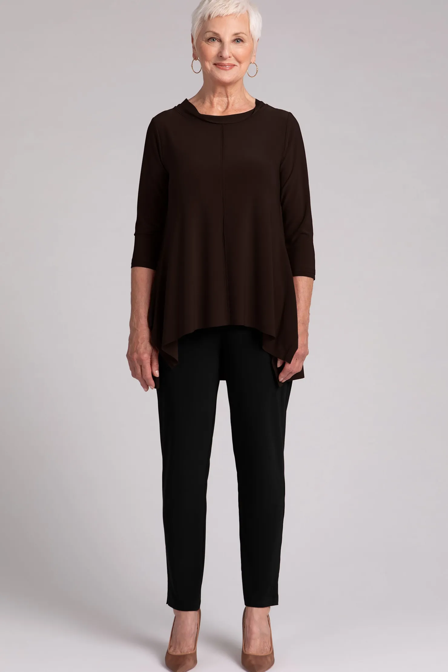 Sympli Tops>Flounce Top with Wide Funnel Collar Chocolate
