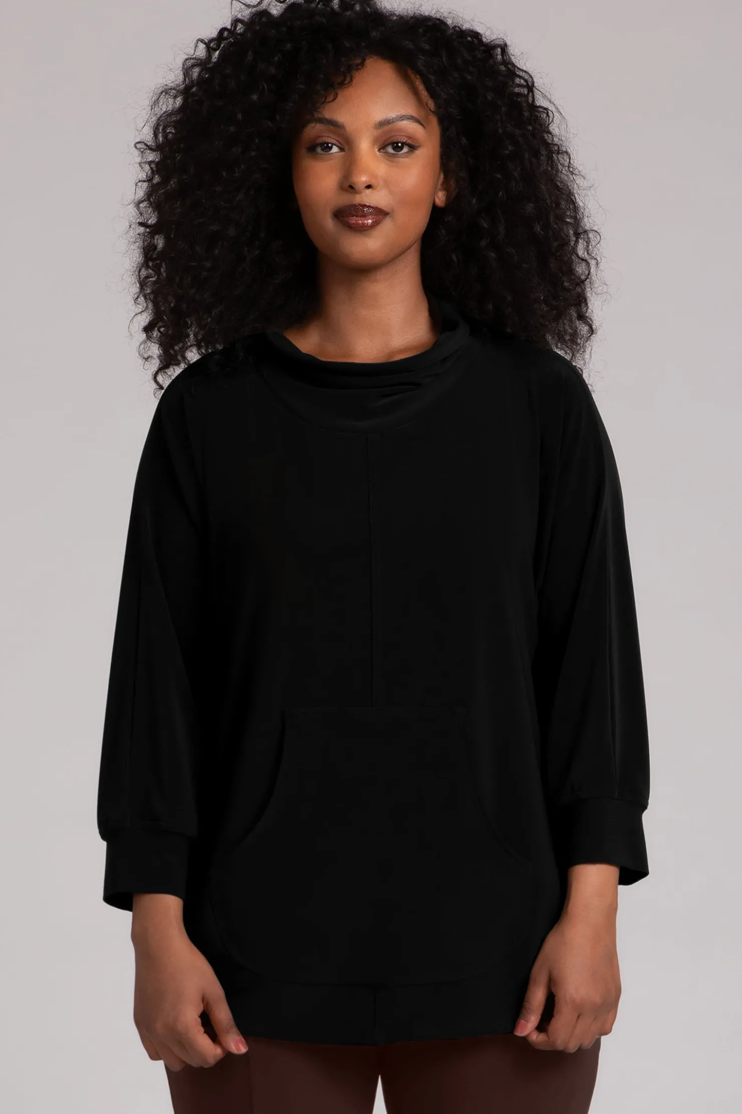 Sympli Tops>Funnel Neck Pullover with Kangaroo Pocket Black