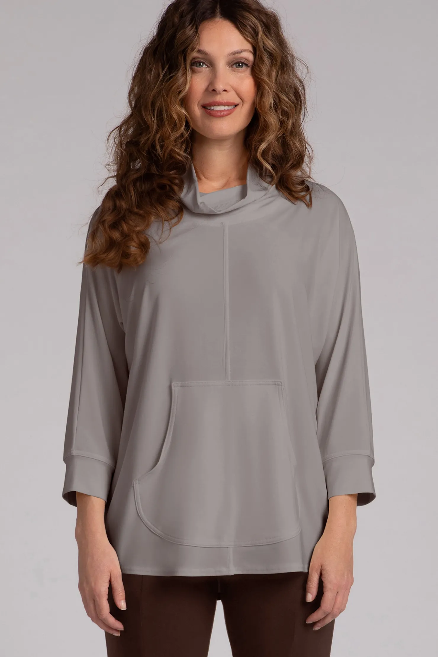 Sympli Tops>Funnel Neck Pullover with Kangaroo Pocket Taupe