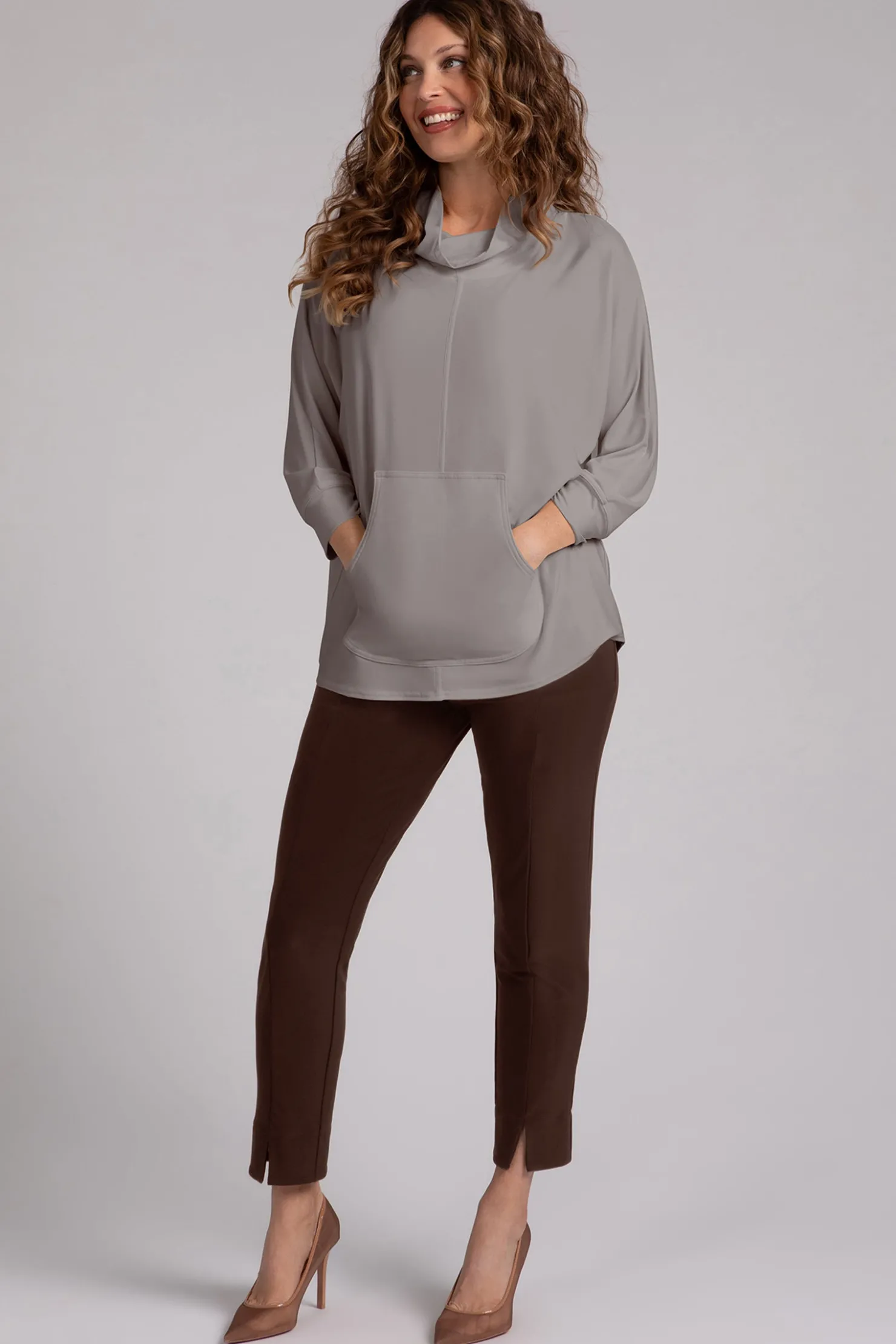 Sympli Tops>Funnel Neck Pullover with Kangaroo Pocket Taupe
