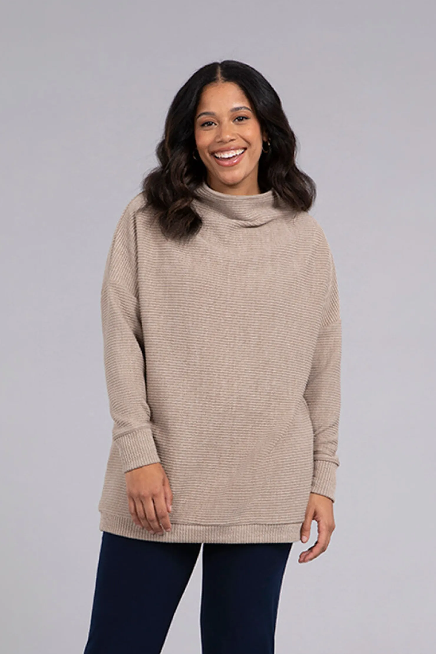 Sympli Sweaters & Cardigans>Funnel Neck Rib Sweater Tunic Camel