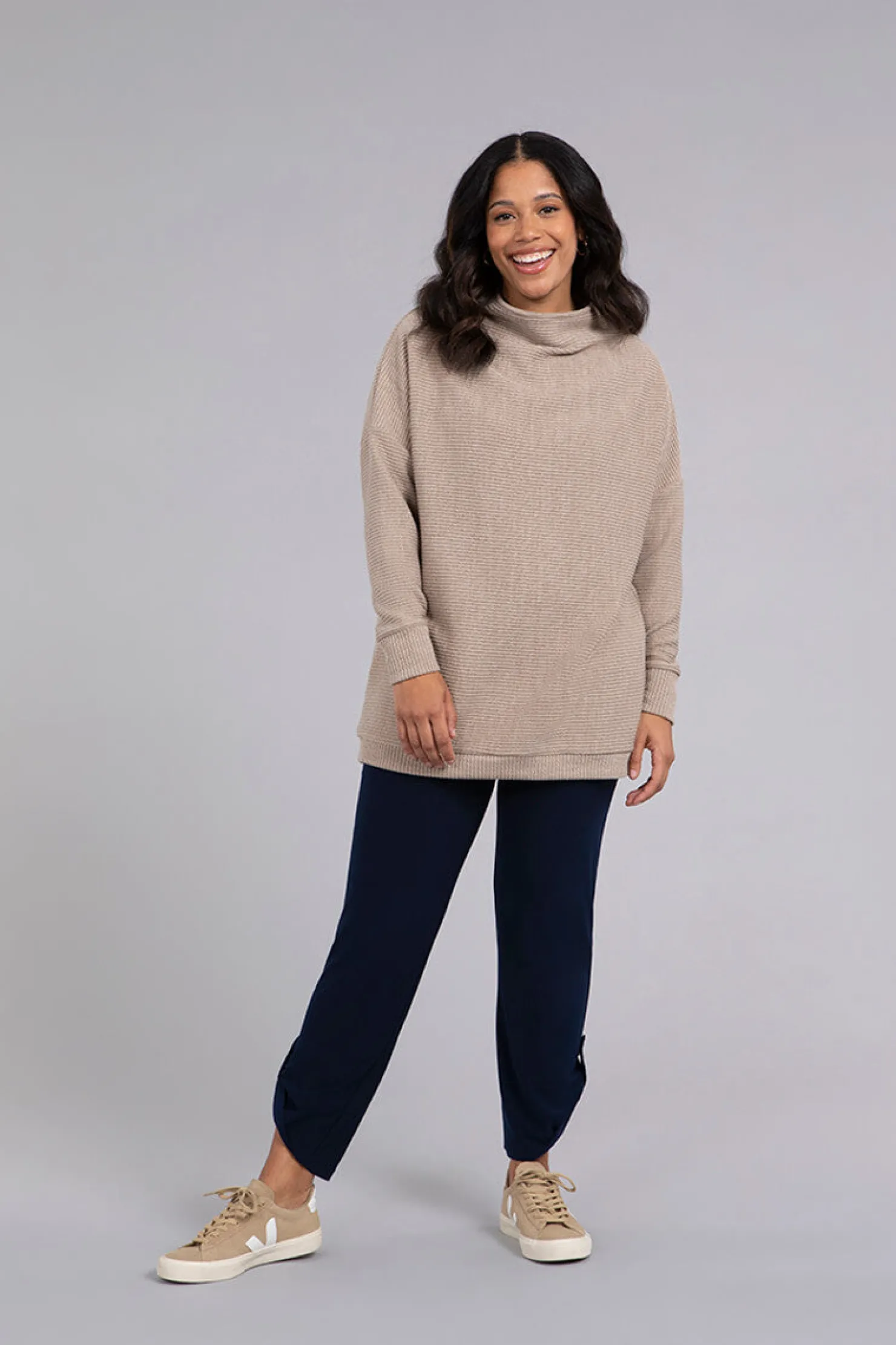 Sympli Sweaters & Cardigans>Funnel Neck Rib Sweater Tunic Camel