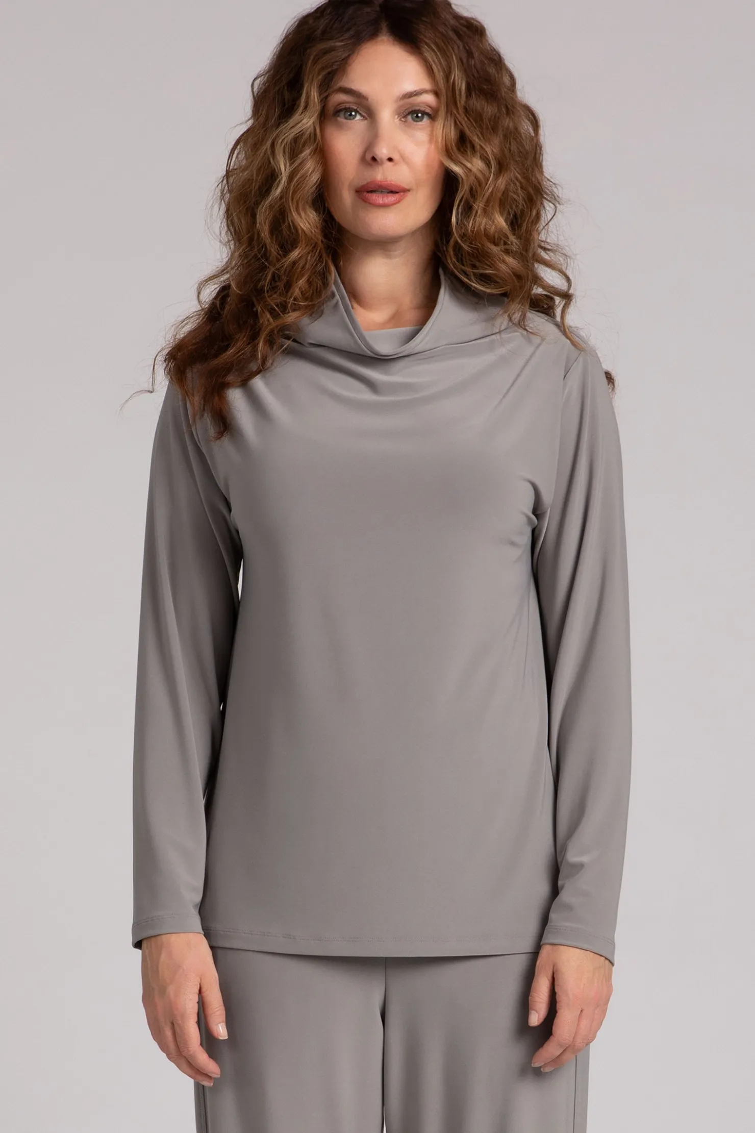 Sympli Tops>Funnel Neck Top Taupe