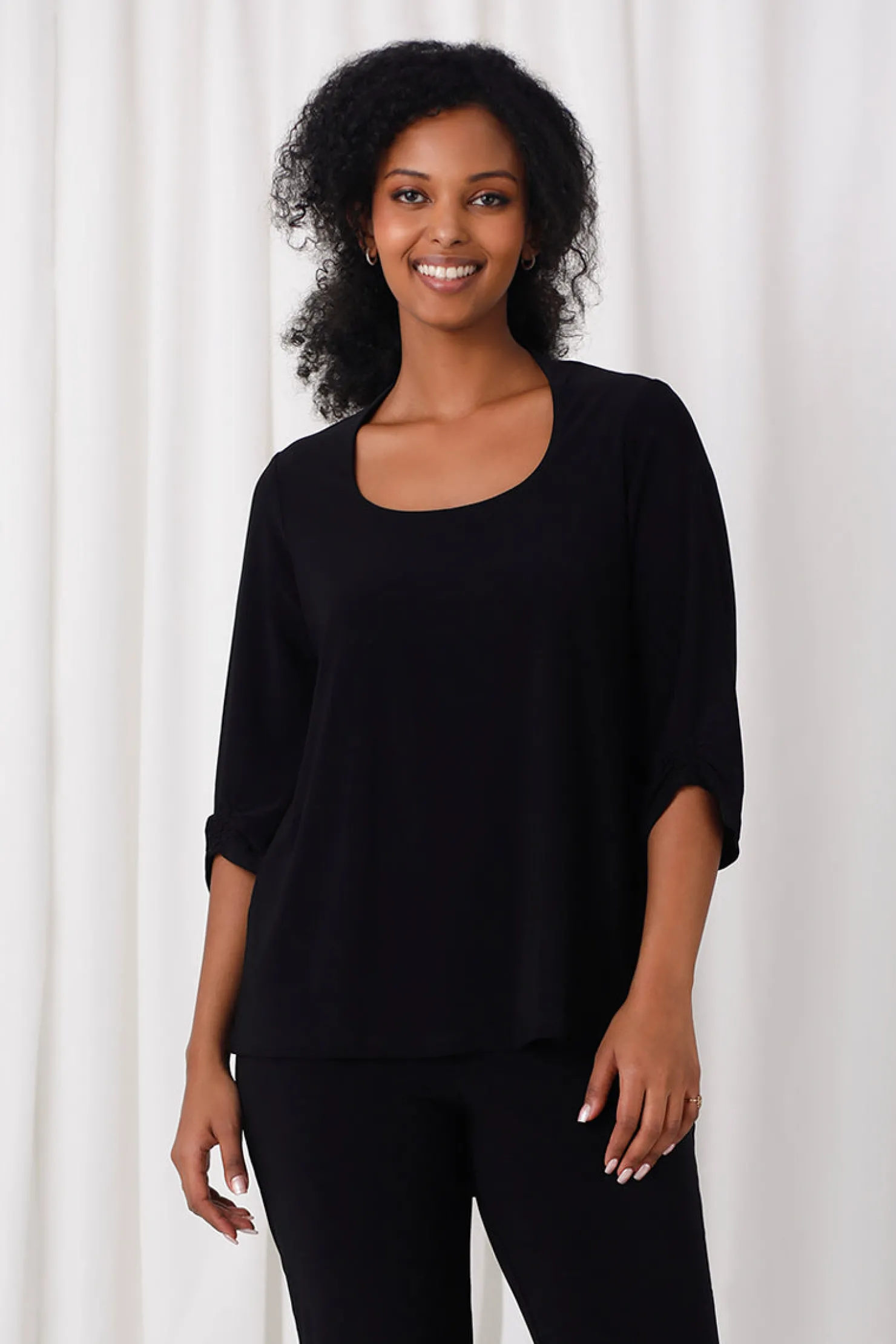 Sympli Tops>Jewel Neck Smocked Sleeve Top Black